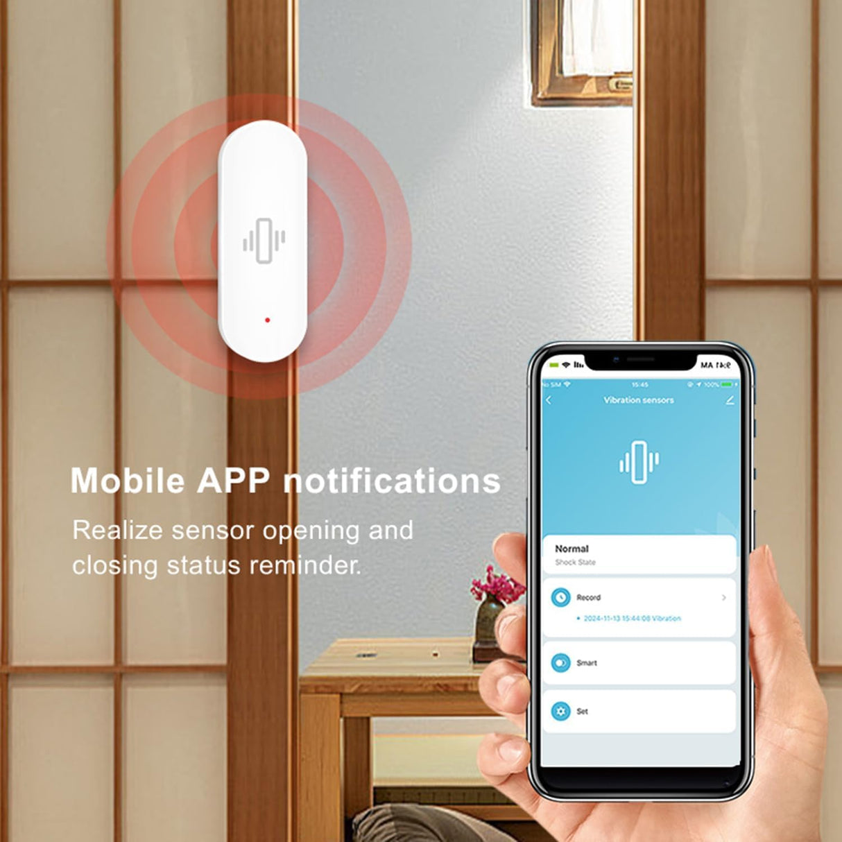 Smart Vibration Sensor for Windows and Doors, WiFi Wireless Glass Break Detector with App Alerts, Adjustable Sensitivity, Remote Monitoring, Easy Install Security Sensor
