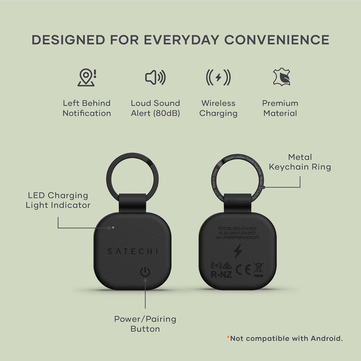 Satechi FindAll Keychain with Find My, Wireless Rechargeable, Location Tracker, Left-Behind Alerts, Loud Audible Chime, Works with iPhone, iPad, Mac – Black