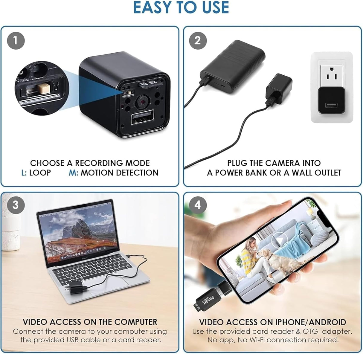 1080P WiFi USB Wall Plug Camera – HD Indoor Security Camera with Motion Detection, Night Vision & Loop Recording – Compact USB-Powered for Home and Office Monitoring