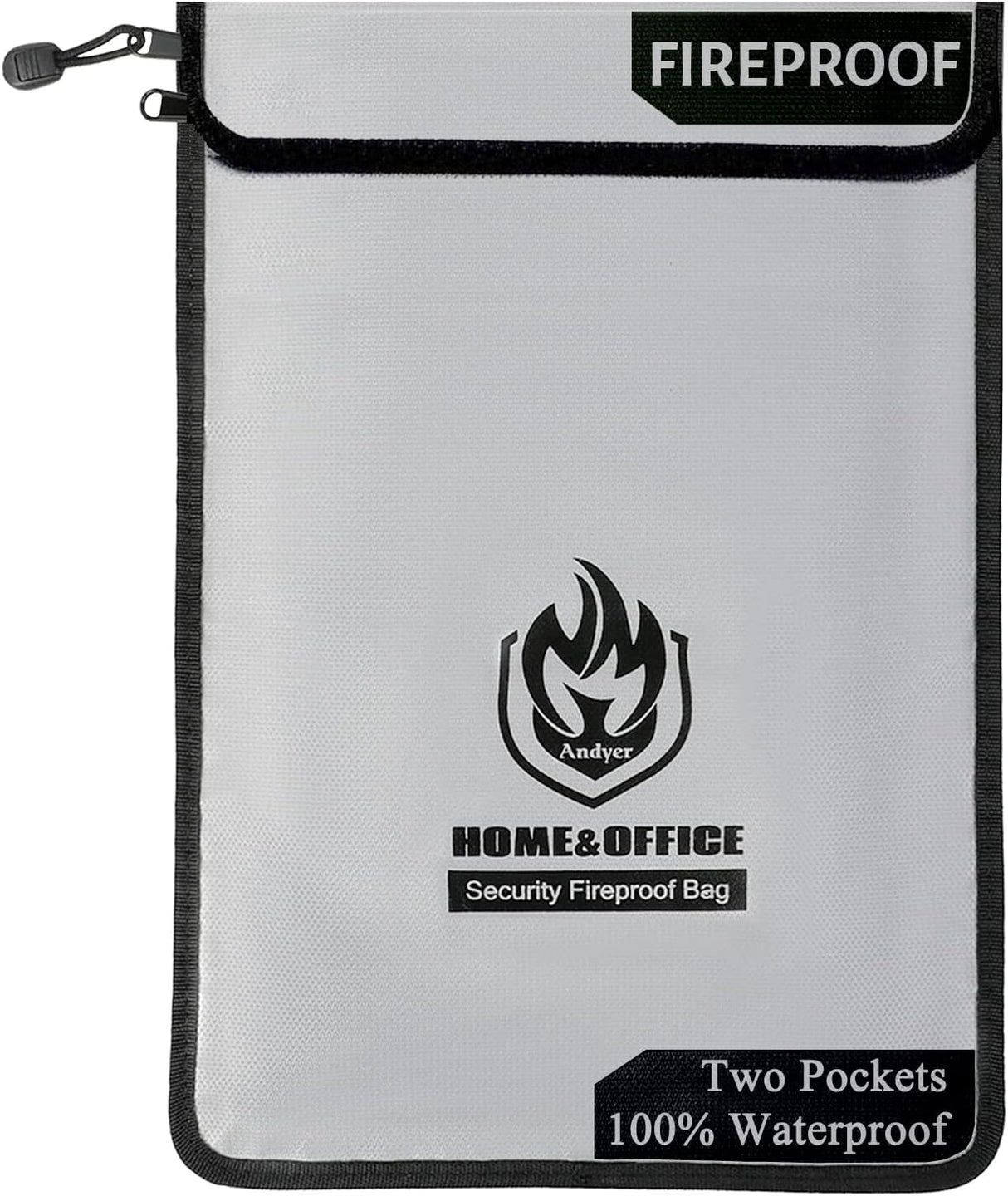 andyer Upgraded Two Pockets Fireproof Document Bag (2000℉), 15”x 11”Waterproof and Fireproof Money Bag with Zipper, Fire Safe Storage for Valuables,Money,Jewelry,Legal Documents,File and Tablet