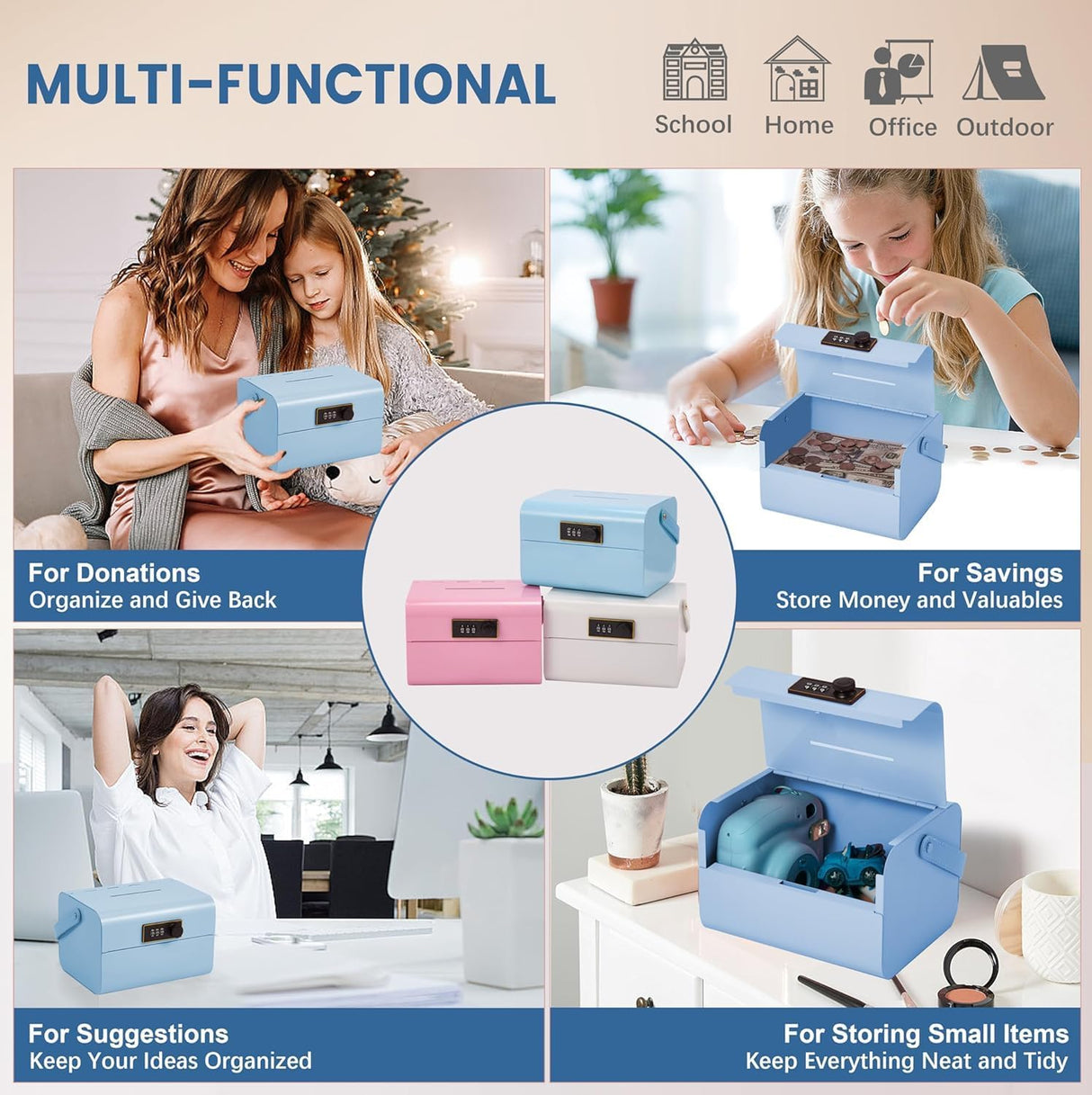 Mini Safe Box for Kids - Portable Money Lock with Combination Lock for Cash, Jewelry & Valuables, Lightweight Security Safe Metal Money Box for Cash Saving for Kids Boys Girls (Blue)