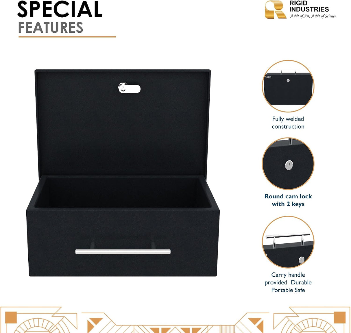 RIGID Large Cash Box | Steel Safe Box | Metal Security Chest with Key Lock | Durable Portable Money Box Safe for Bills Jewelry Receipts Coins (22 * 32.5 * 12 cm) Black - Assembled