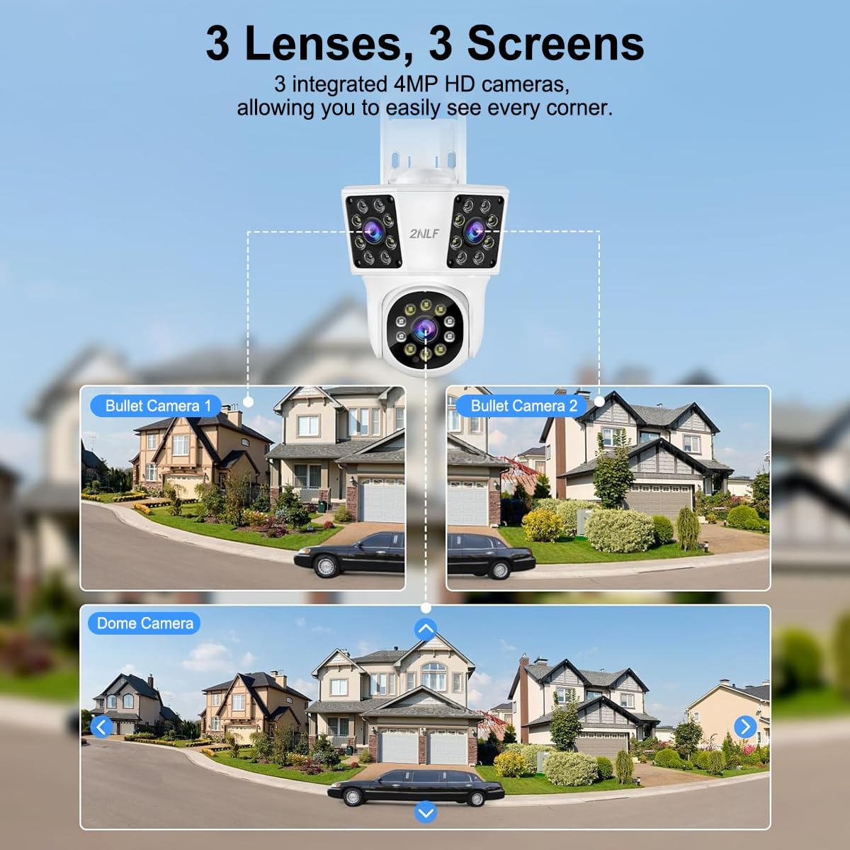 2NLF 4MP Outdoor WiFi Security Camera, 3-Lens, 360° Auto Tracking