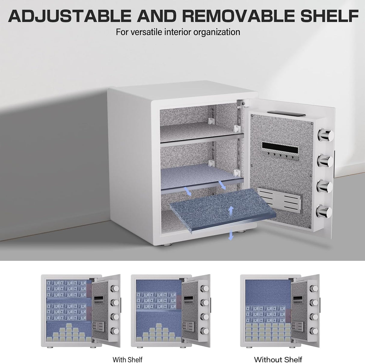kavey 2.0 Cub Biometric Safe Box, Home Safe with LCD Keypad & 2 Adjustable Shelves, Fingerprint Money Safe with Dual Alram & Mute Alarm, Large Security Cabinet Safe for Vaulables (White)