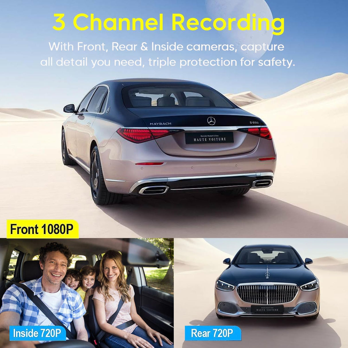 Exrp 3 Channel Dash Cam Front and Rear Inside, 1080P Dash Camera for Cars, Dashcam Three Way Triple Car Camera with IR Night Vision, Loop Recording, G-Sensor, Parking Monitor, 24 Hours Recording