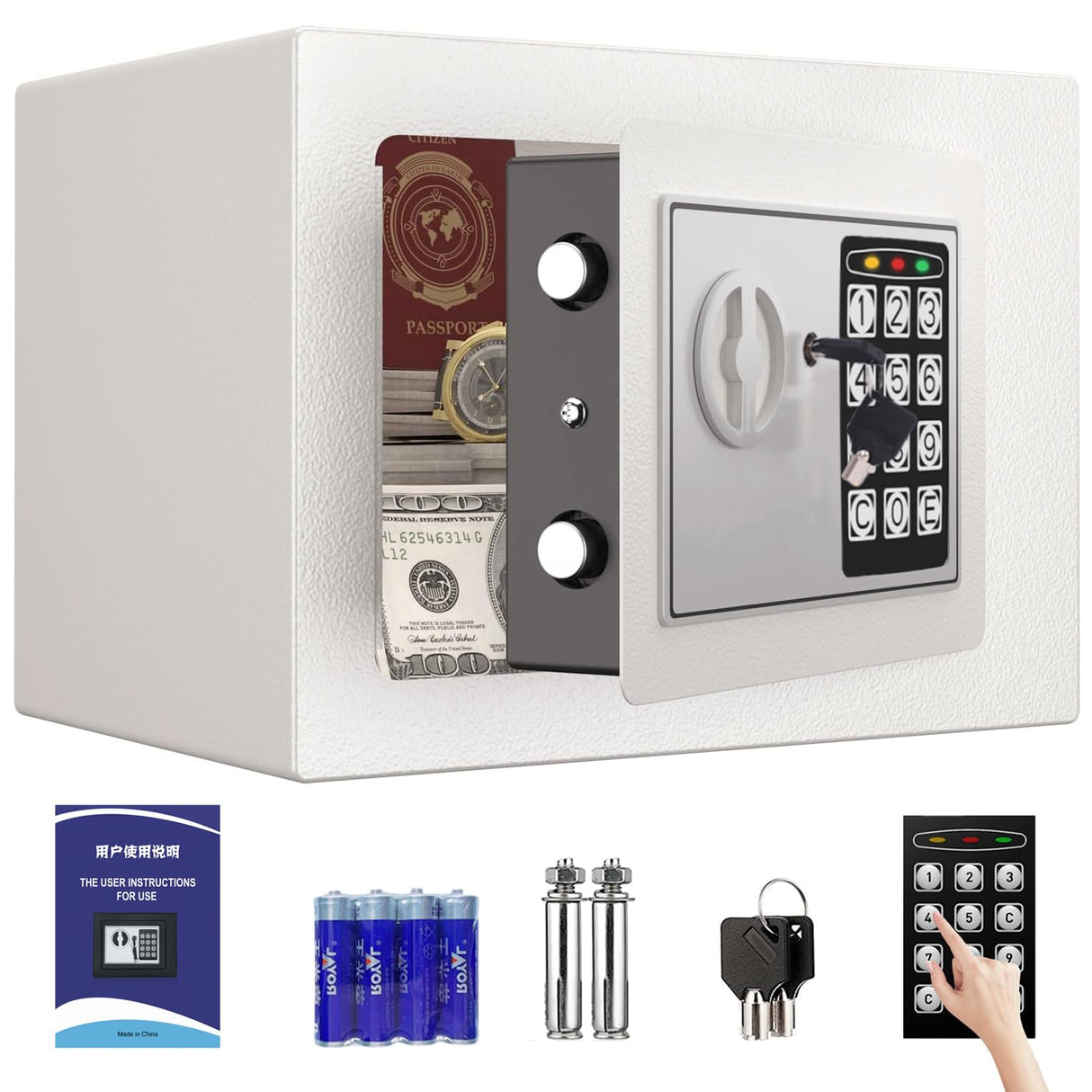Small Home Safe,Digital Money Electronic Safe Box w/Pass Code Keypad & Keys for Hotel Office Buiness,Hidden Wall Security Safe Box for Valuable Cash Money Jewelry Documents (White, 8.5L)