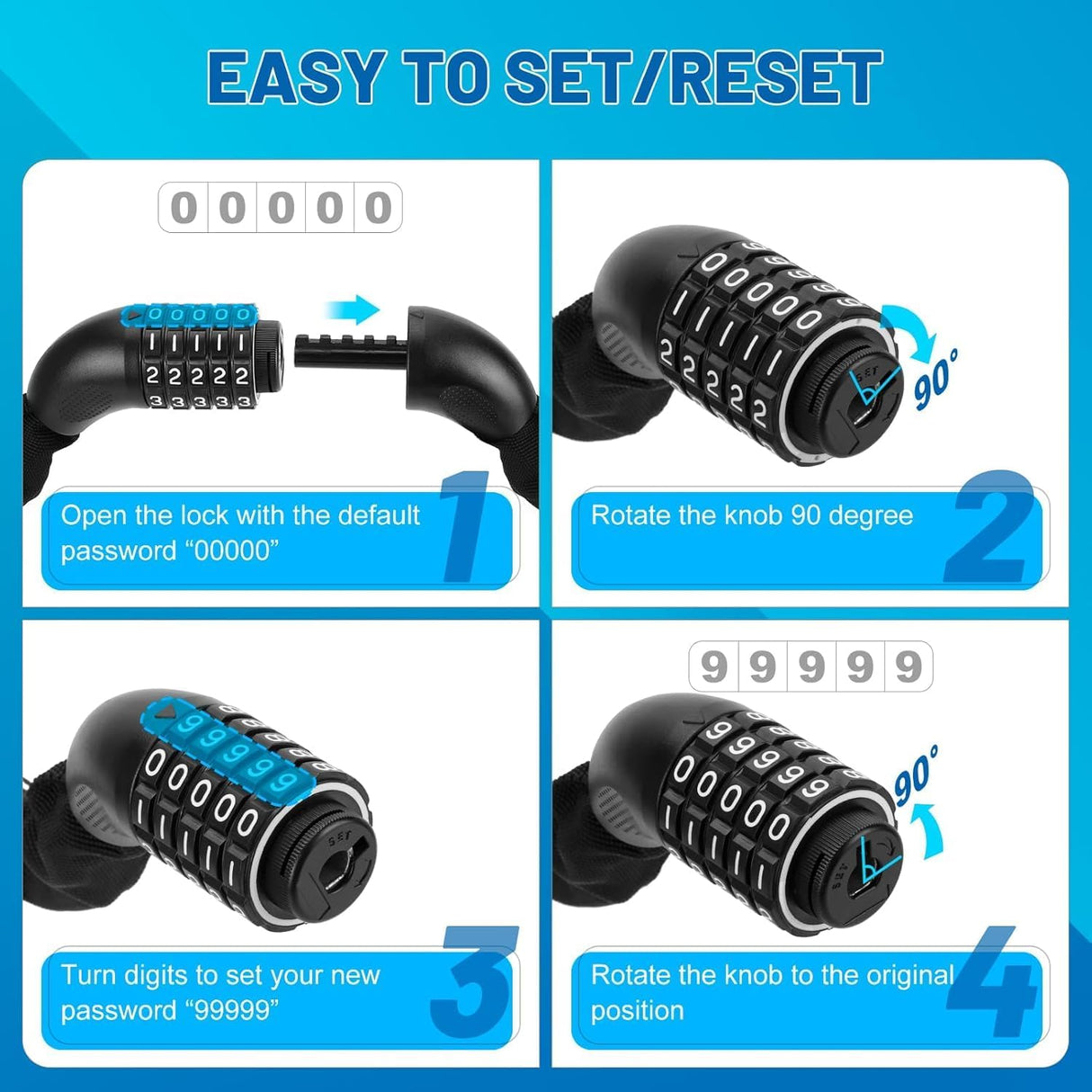 Bike Lock 5-Digit Combination Bike Lock 110CM Anti-Theft Bicycle Lock Resettable Bike Lock Chain for Bicycle, Motorcycle and More