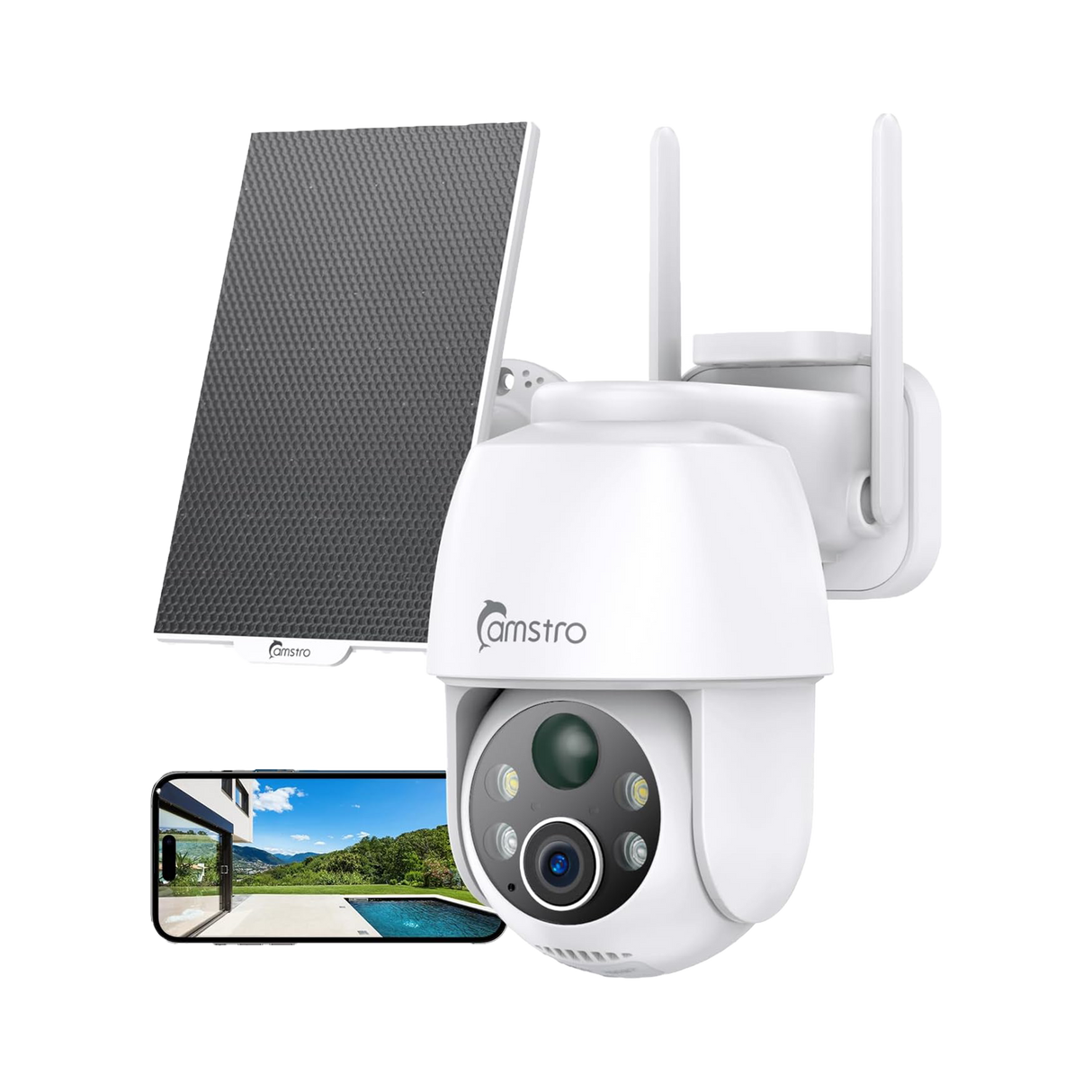CAMSTRO 2K Solar Outdoor Security Camera, PTZ, AI, Alexa/Google