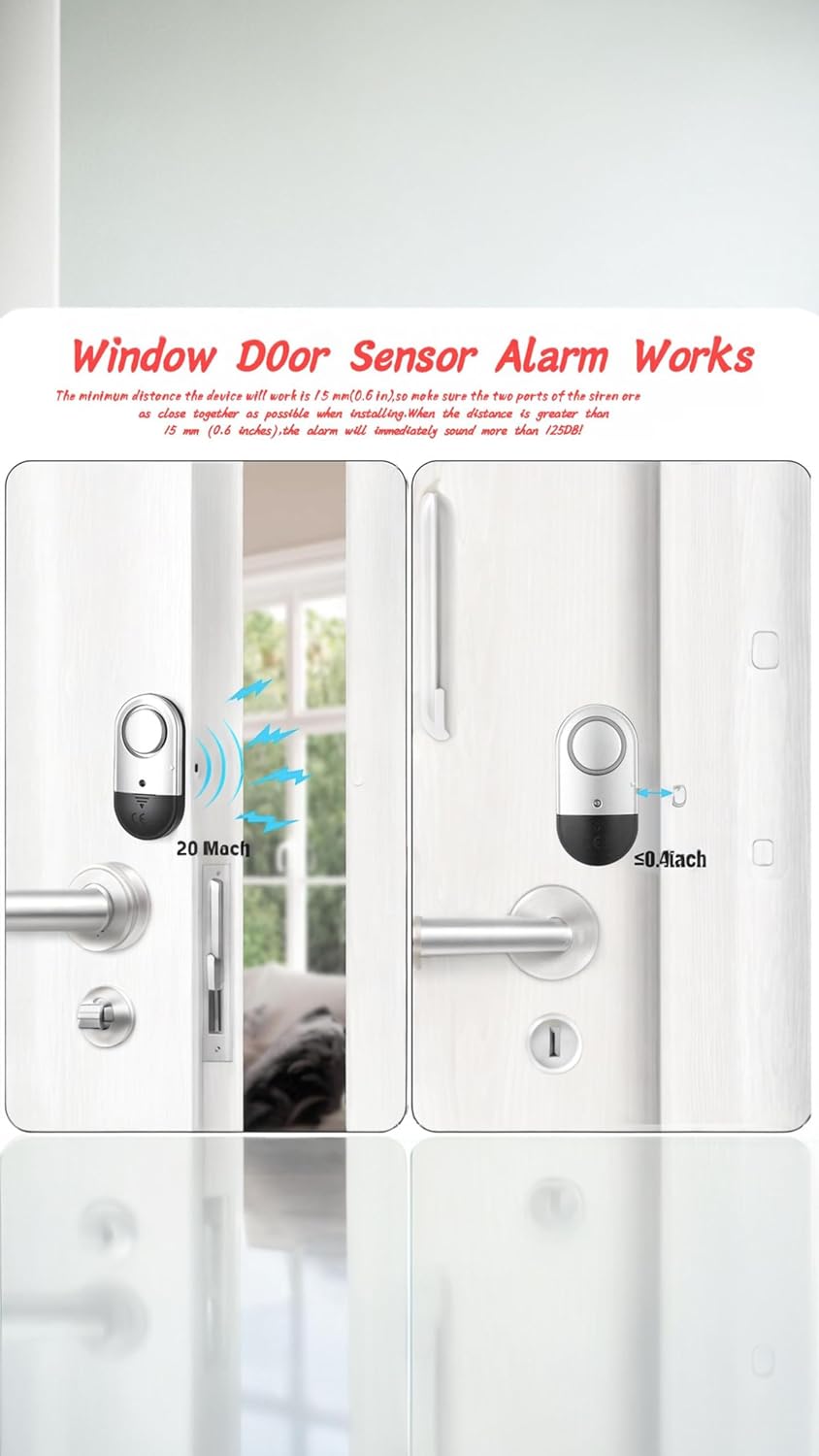 Window Door Alarm, 4 Pack, 125 DB Loud Wireless Chime, Magnetic Sensor for Home Security, Battery Included with Low Battery Alert, for Doors, Windows, Apartments, Offices, and Garages
