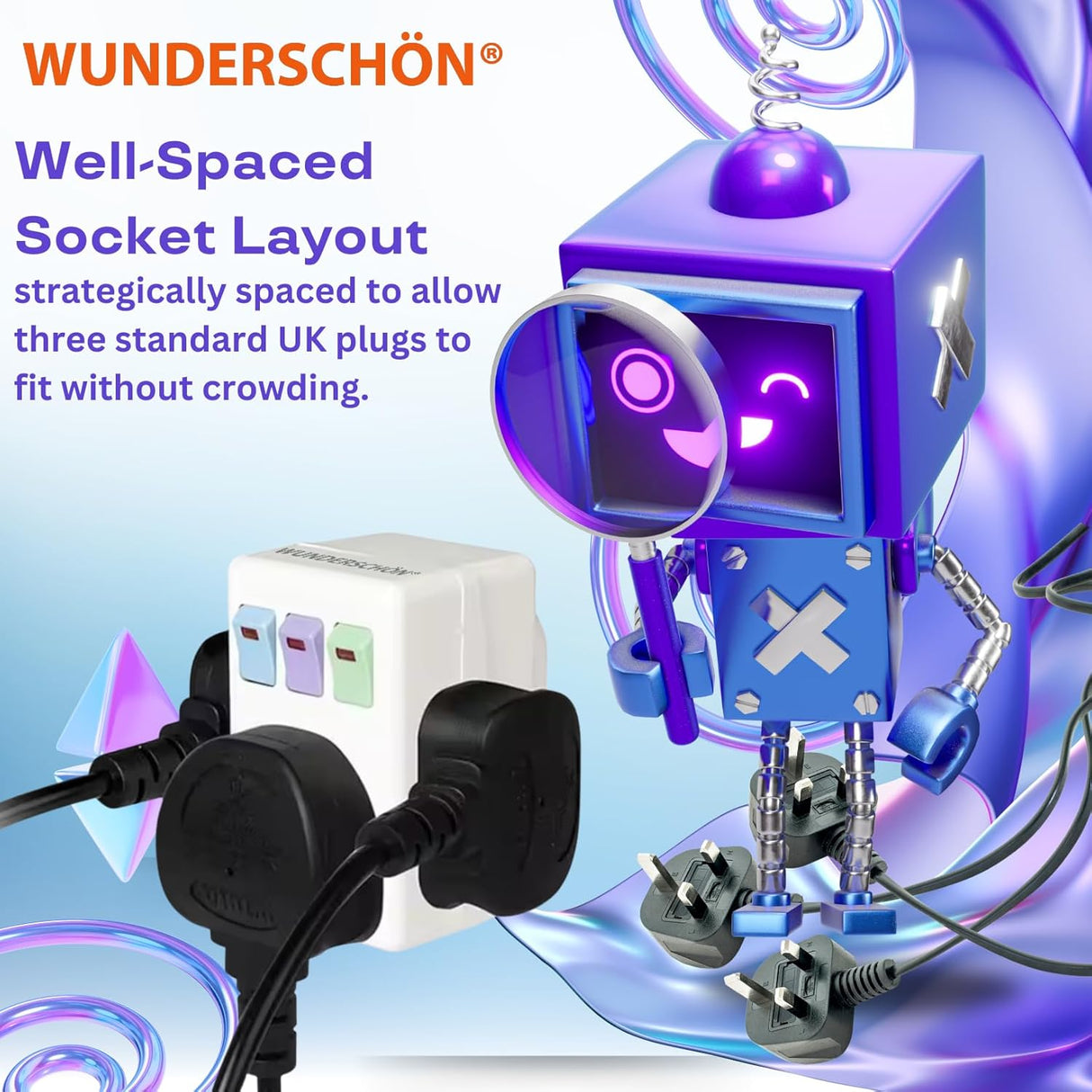 WUNEDRSCHÖN |Travel Adapter UK Plug and Sockets, 3 Sockets With individual Safety Switches Suitable For Charging Electronics Laptop Mobile and Appliances (UK - 3 Switches, 3 Sockets)