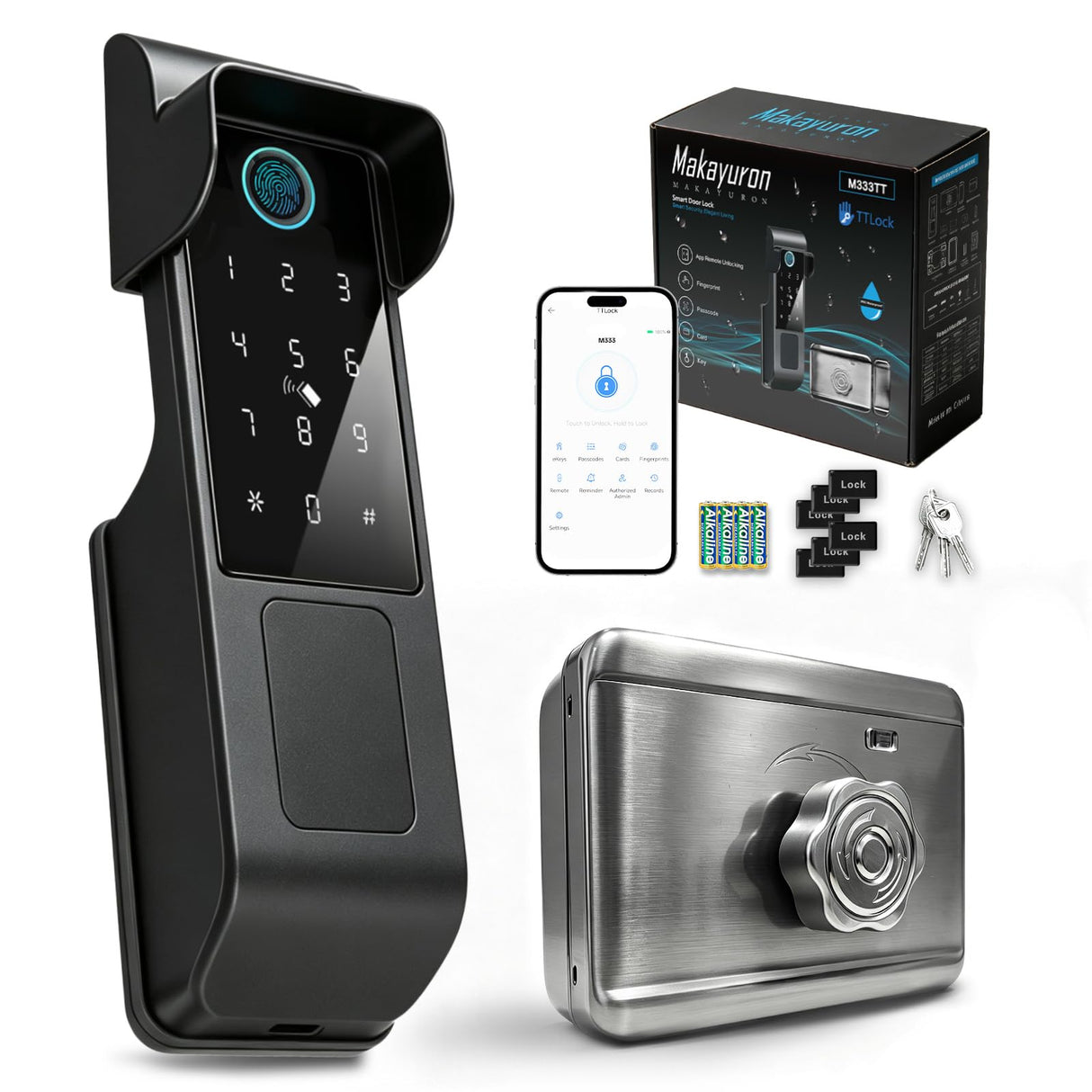Makayuron Smart Door Lock, TTLock Bluetooth App Outdoor Waterproof Smart Lock, IP65 Rating, 5 Unlocking Methods (Fingerprint/Password/RFID Card/Mechanical Key/TTLock ble App Remote)(M333-TTble)