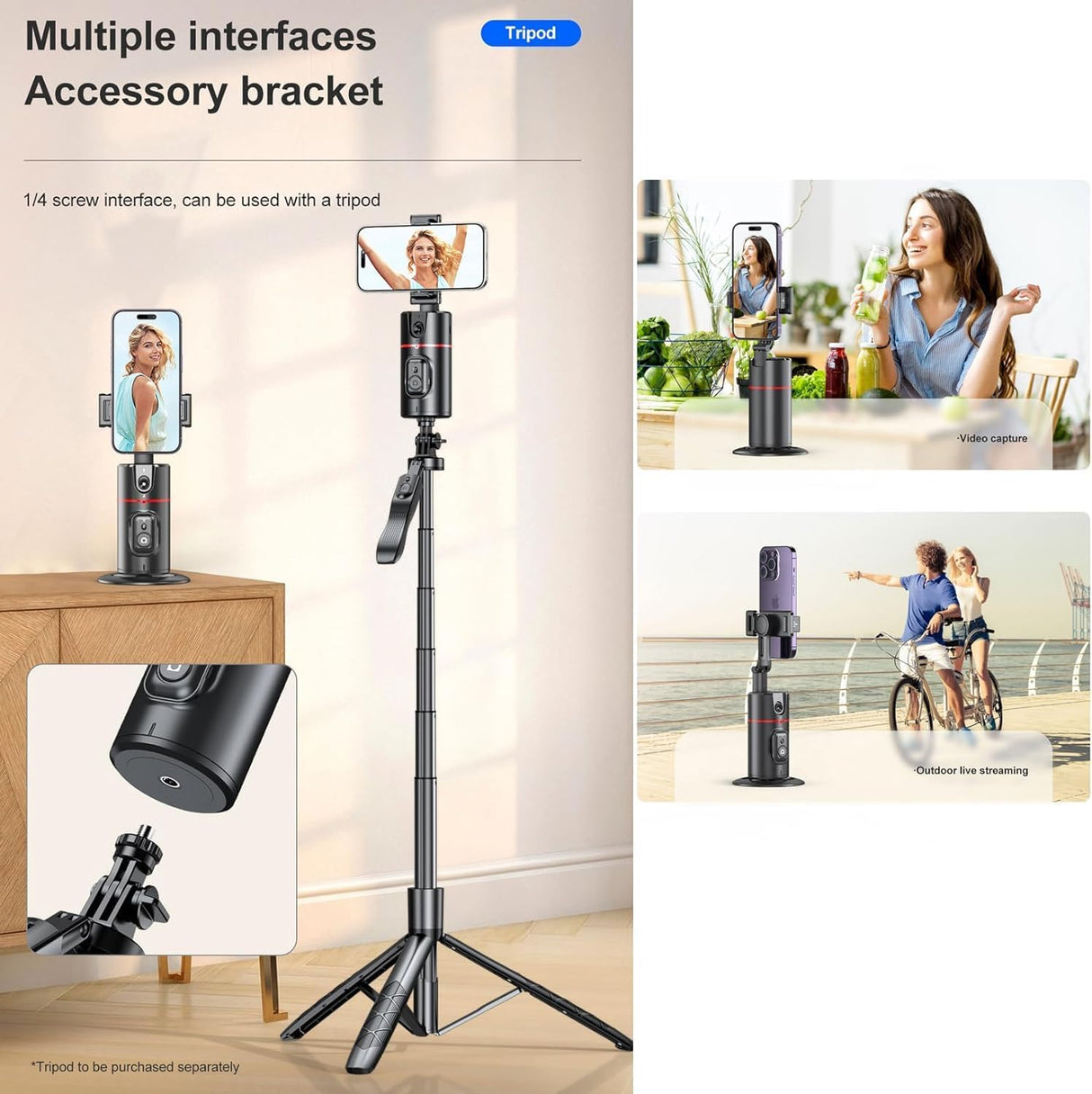 Auto Face Tracking Tripod, Smart Selfie Stick Object Tracking Holder, No App Required, 360° Rotation Body Phone Camera Mount with Detachable Remote, Smart Shooting Holder With Gesture Control