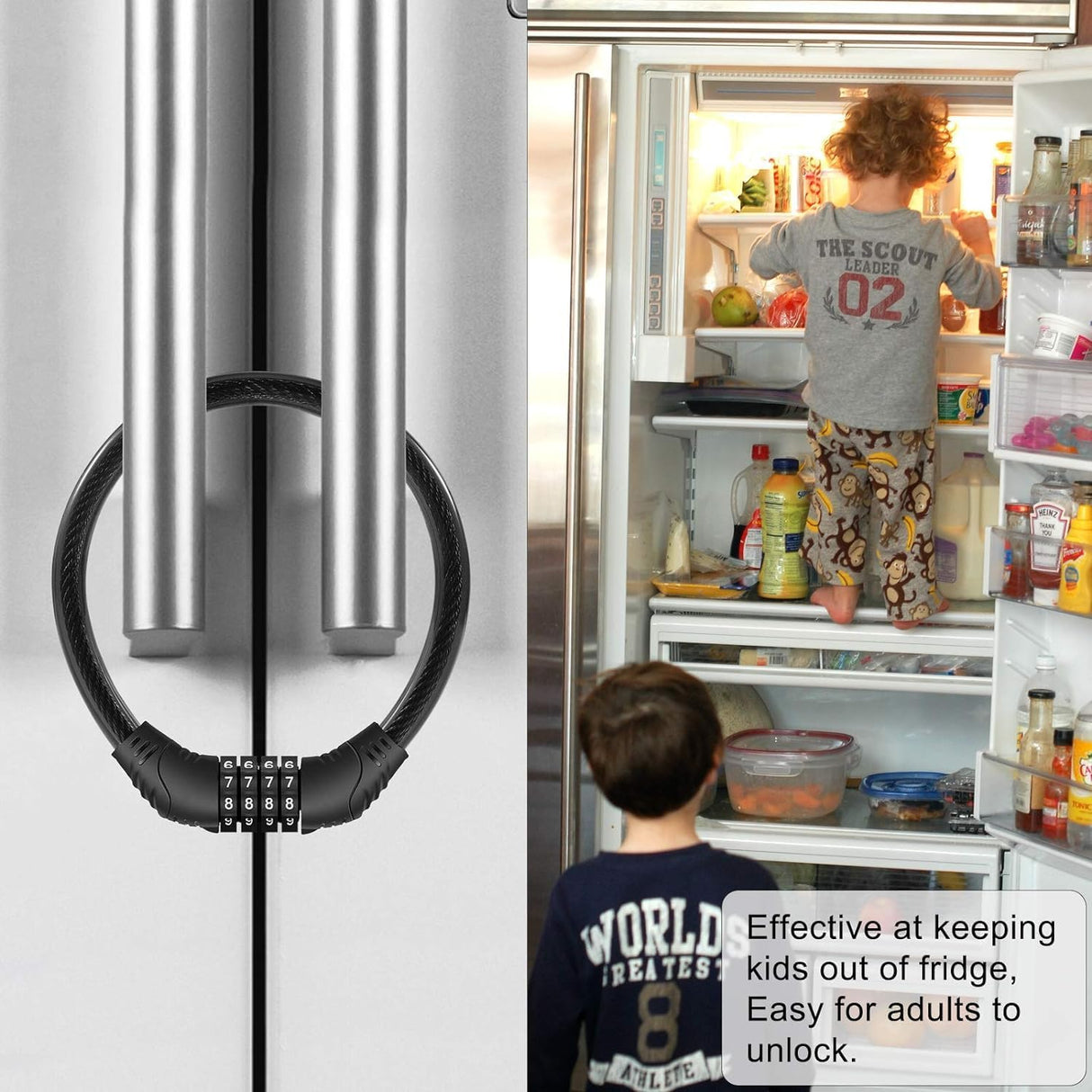 ALMEKAQUZ Refrigerator Lock, 4 Digit Combination, Sturdy Multifunctional, French Door, Cabinet, Bike Stroller, Stainless Steel
