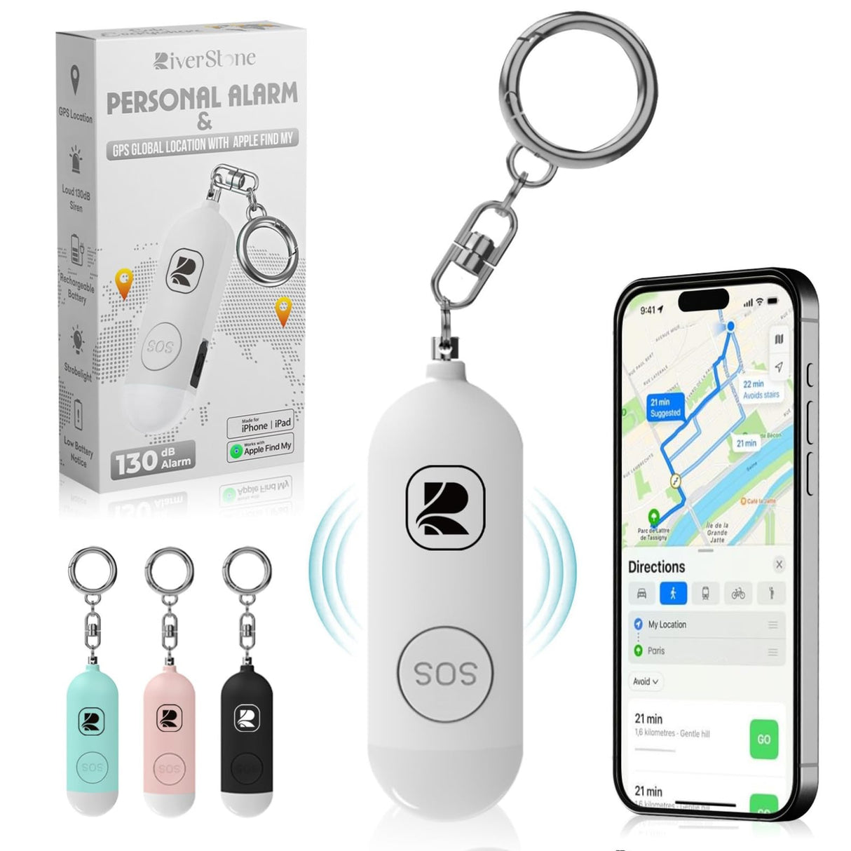 Riverstone Personal Security Tracker Alarm 130dB with Apple Find My GPS Only for iOS, Stop Aggression, Siren Emergency Self-Defense & Anti Removal Key Ring for Women and Children