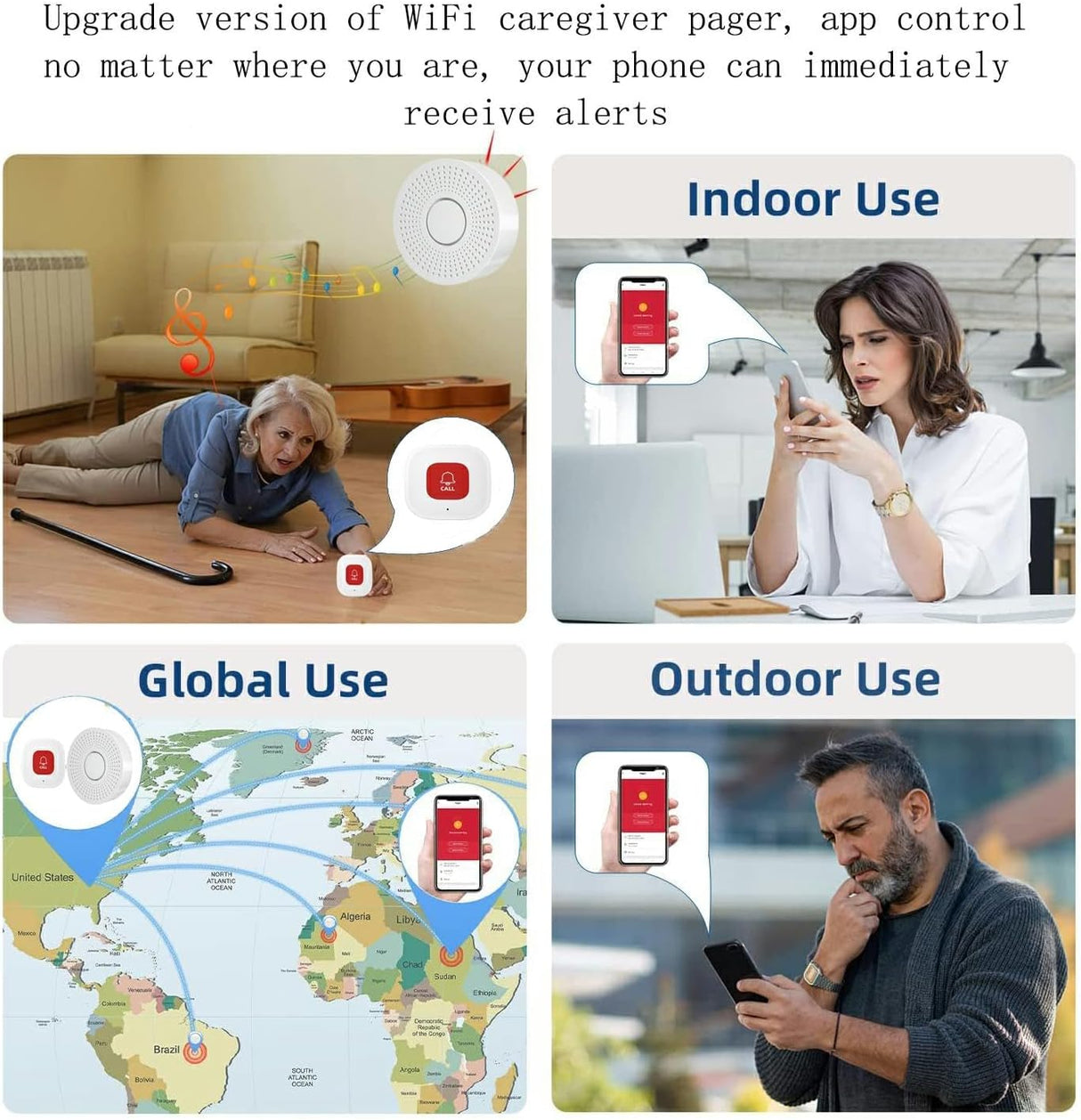 Wifi Caregiver Pager, Call Button, Wireless Alert System, Personal Panic Alarm, Emergency Button For Elderly Patient Seniors Disabled, 2 Sos & 1 Receiver