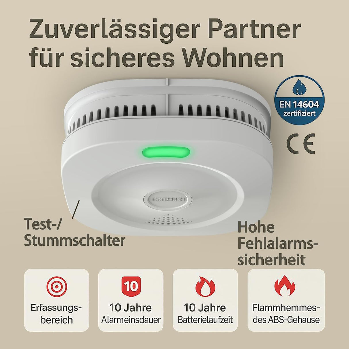 ZYTA WiFi Smoke Detector with 10-Year Battery, EN 14604 (2-Pack)