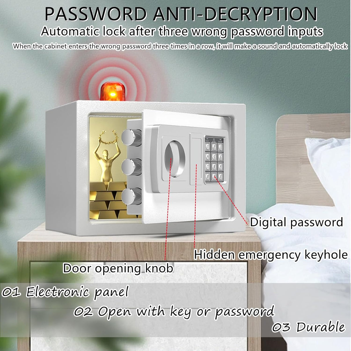 Small Home Safe,Digital Money Electronic Safe Box w/Pass Code Keypad & Keys for Hotel Office Buiness,Hidden Wall Security Safe Box for Valuable Cash Money Jewelry Documents (White, 8.5L)