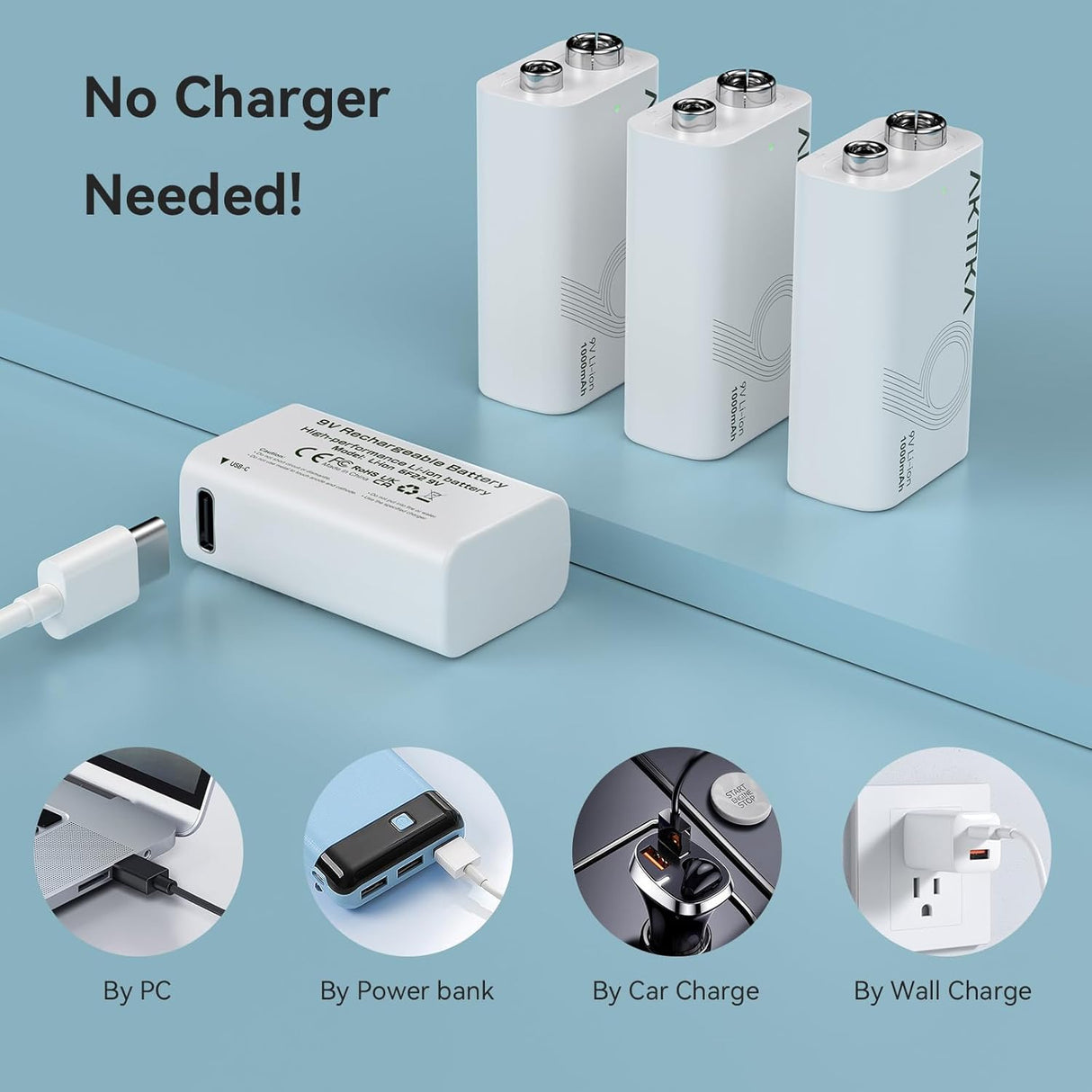 AKTTKA 9V Rechargeable Li-ion Batteries 1000mAh + USB-C (4-Pack)