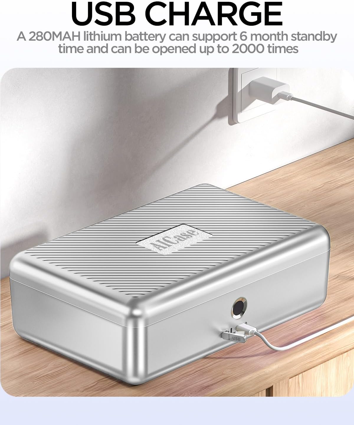 AICase Safe with Biometric Fingerprint Recognition for Travel and Home, Portable Security Box with Fingerprint and Morse Code, Cash Box, Safe Deposit Box, Silver