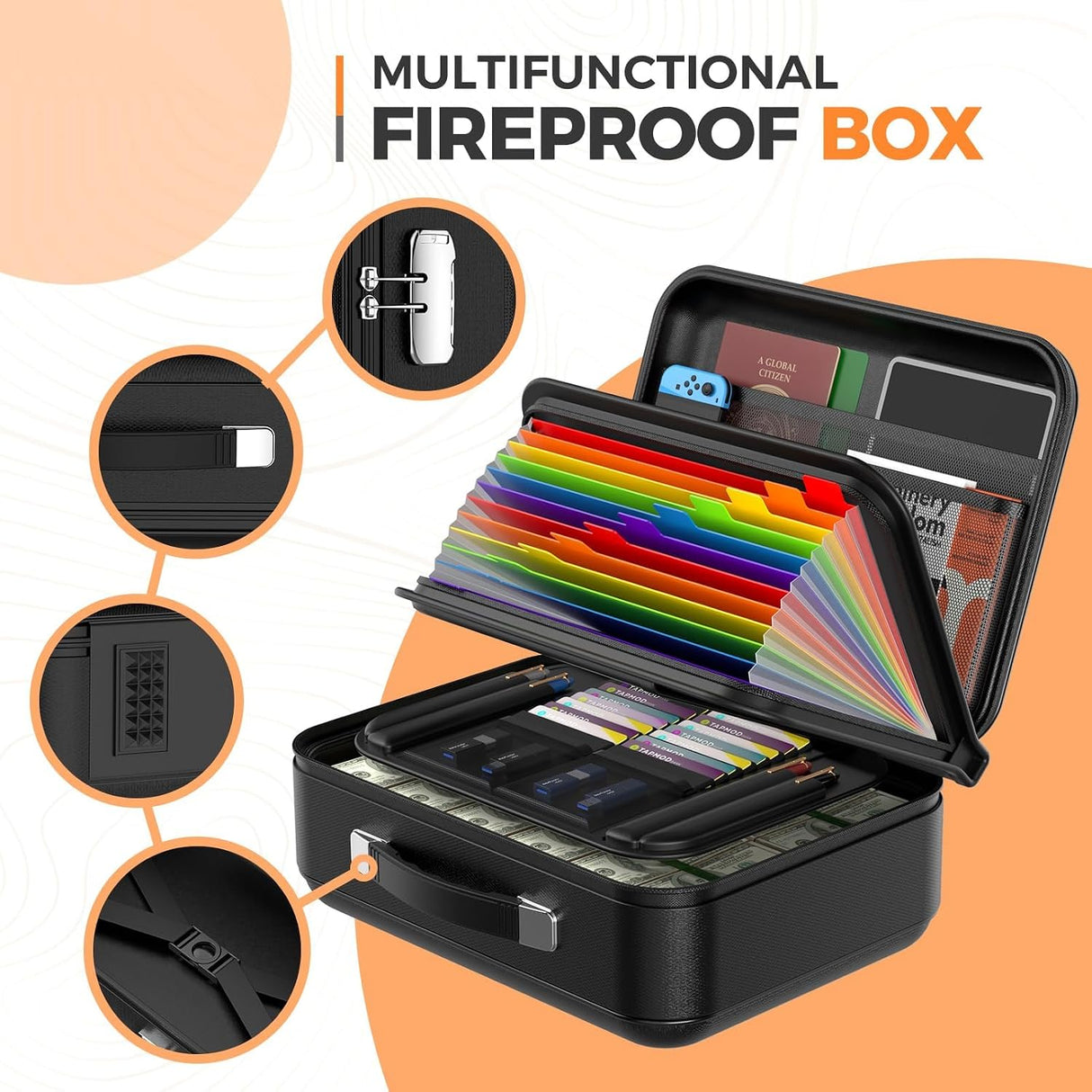 Fireproof Document Box with Lock, Hard Fireproof Waterproof Box Creative Hard-Shell Design Fireproof Safe Box Document Organizer for Important Documents Certificates Laptop Passports (Black)