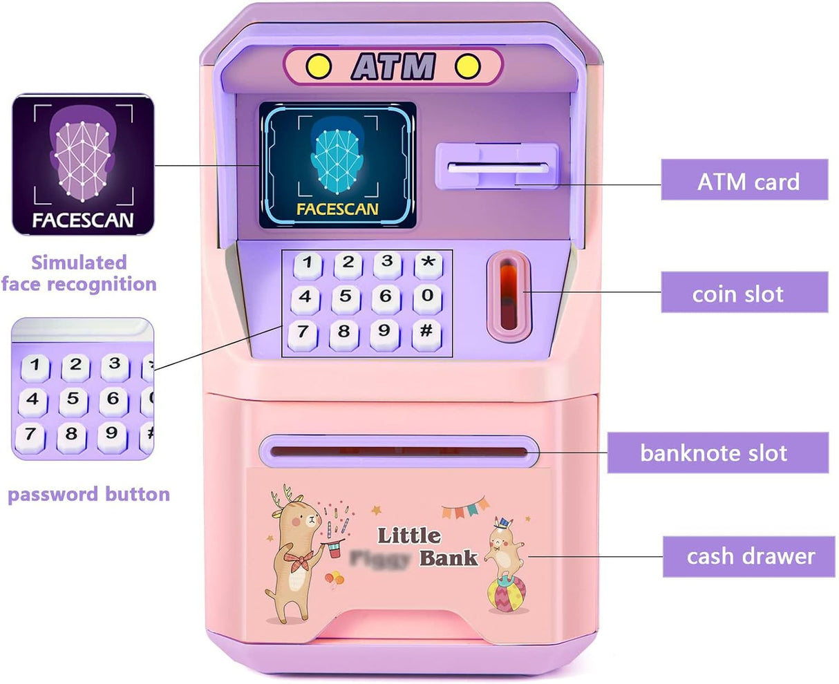 Kids ATM Money Bank with Face Recognition and Music, Smart Voice, Secure Lock, Large Capacity, Ideal Birthday Gift for Boys and Girls