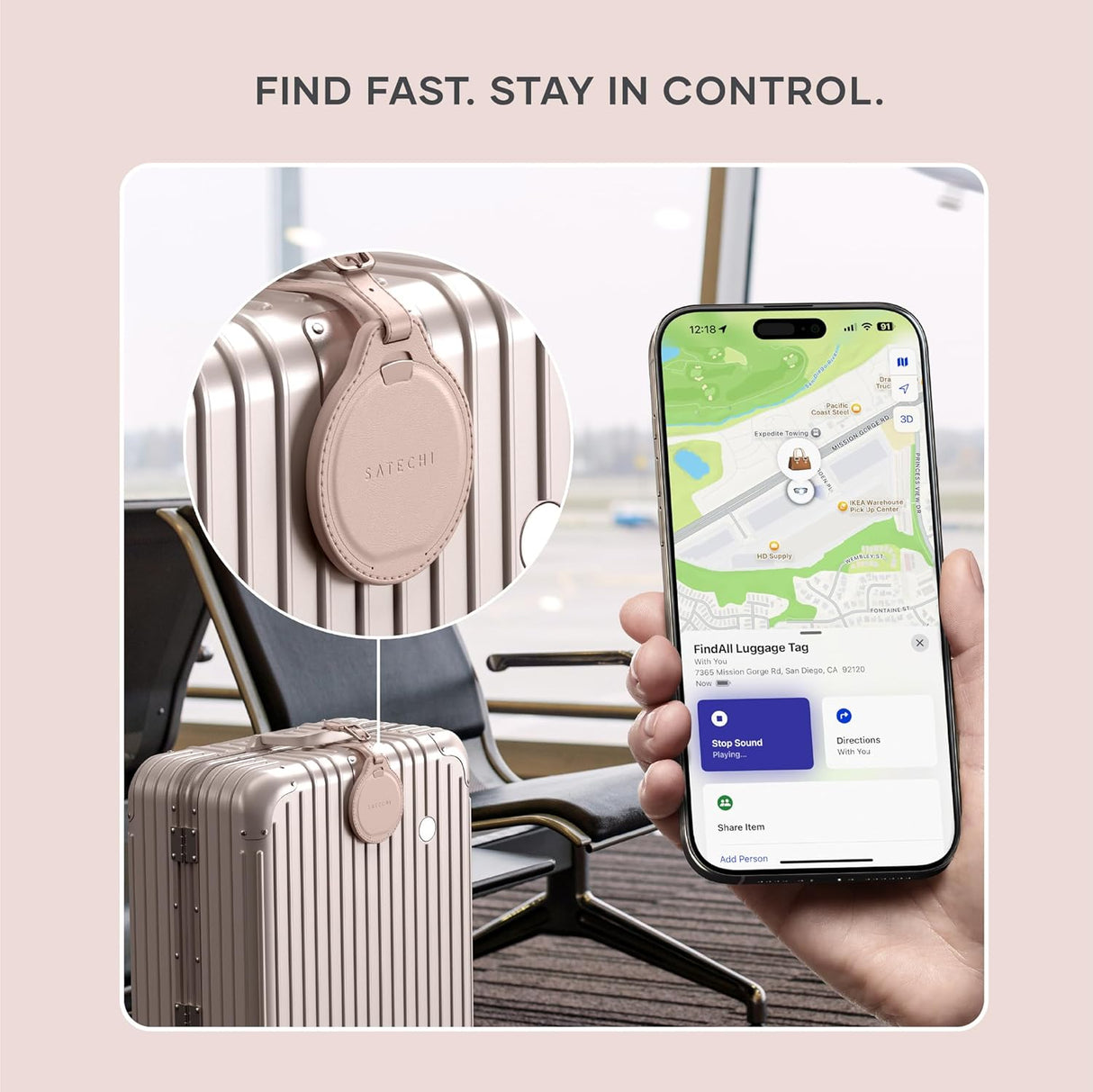 Satechi FindAll Smart Luggage Tag with Find My, TSA-Friendly, Airport Tracking, Left-Behind Alerts, Loud Audible Chime, Wireless Rechargeable, Works with iPhone, iPad, Mac – Desert Rose
