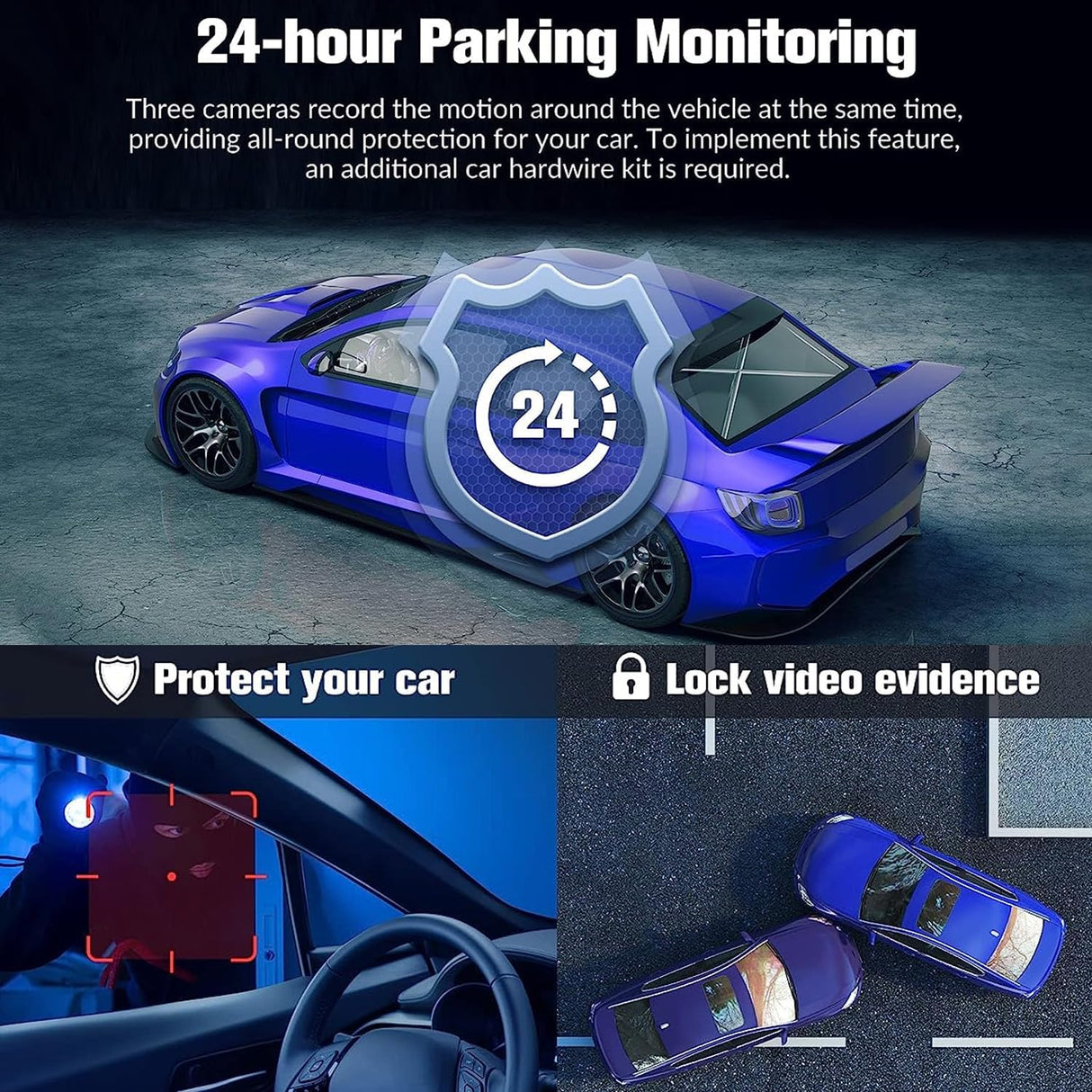Exrp 3 Channel Dash Cam Front and Rear Inside, 1080P Dash Camera for Cars, Dashcam Three Way Triple Car Camera with IR Night Vision, Loop Recording, G-Sensor, Parking Monitor, 24 Hours Recording