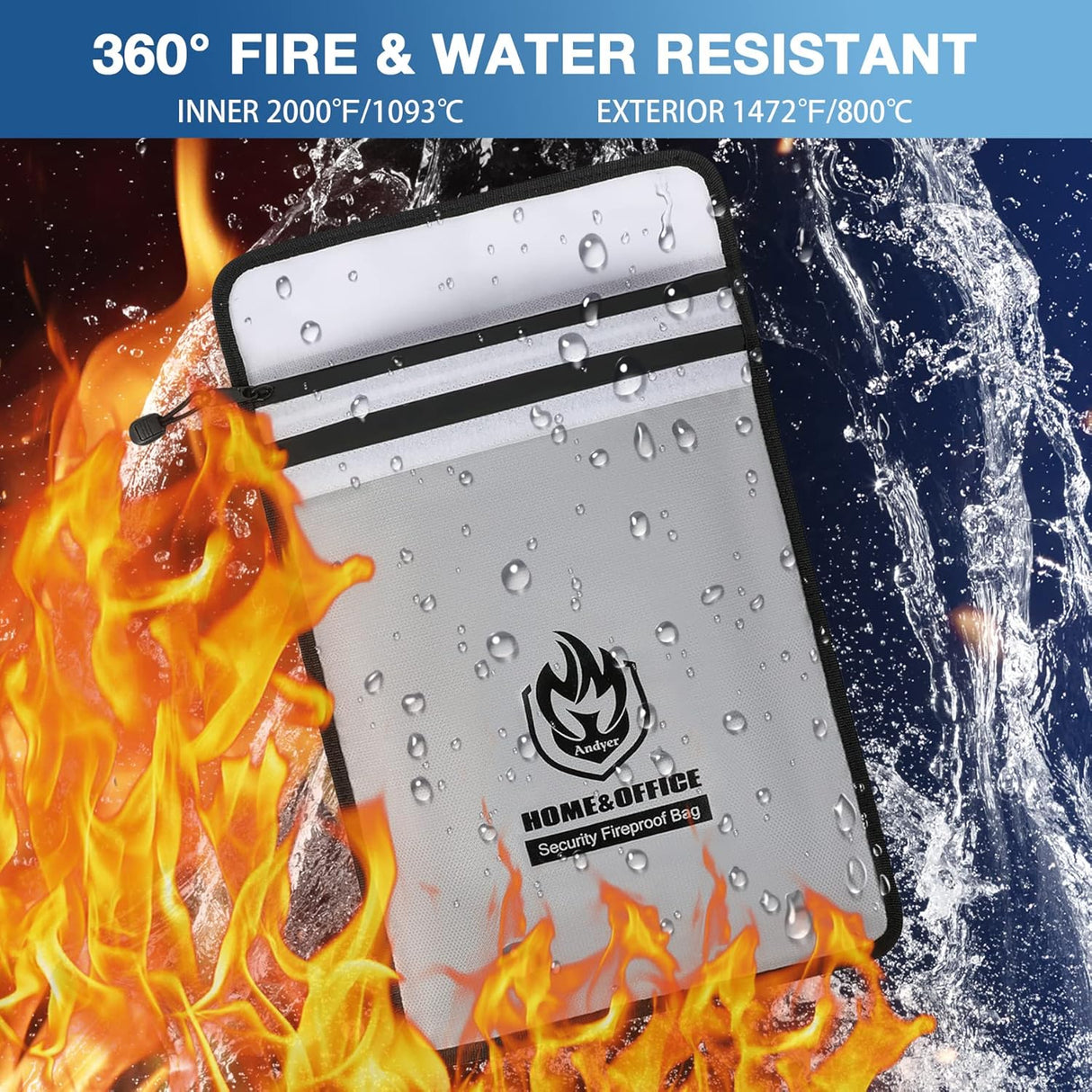 andyer Upgraded Two Pockets Fireproof Document Bag (2000℉), 15”x 11”Waterproof and Fireproof Money Bag with Zipper, Fire Safe Storage for Valuables,Money,Jewelry,Legal Documents,File and Tablet