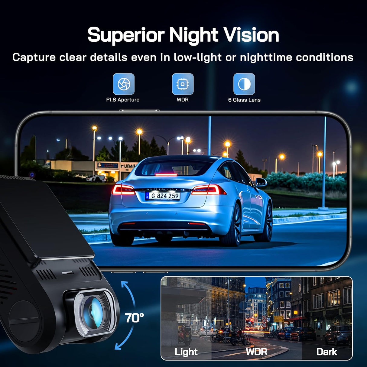 WOLFANG Dash Cam Front, 1440P Mini WiFi DashCam for Cars, 2ââ IPS Car Camera with SD Card, Dash Cam with Parking Monitor, Night Vision, WDR, 170° Wide Angle, G-Sensor, Loop Recording, APP Control