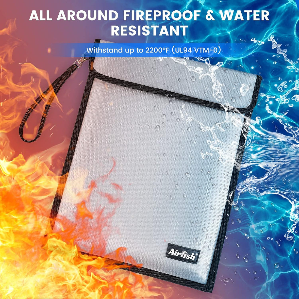 Large Fireproof Document Bag with Waterproof Zipper &Wider Airtight Velcro,15"x 11Non-ltchy Silicone Coated Fiberglass Fire and Water Safe Bag for File, Cash,Jewelry and Valuables