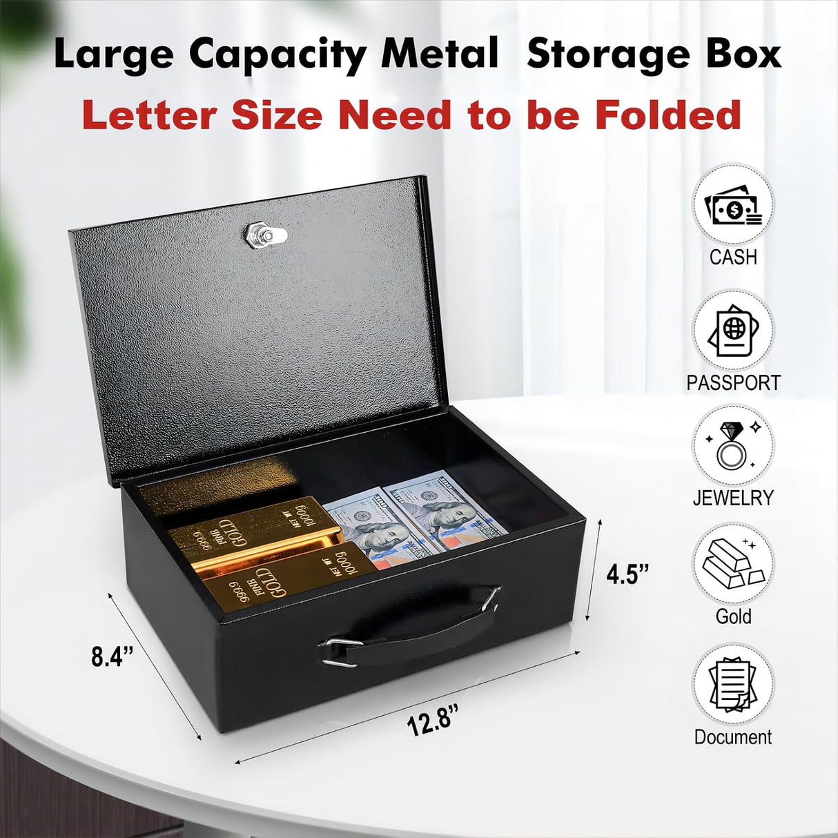 Fireproof Document Box with Key Lock, Safe Storage Box for Valuables, Fire Resistance Security Chest, Fireproof Box for Documents, Passport, Cash, Tablet, Exterior 12.8'' x 8.4'' x 4.5'' Black