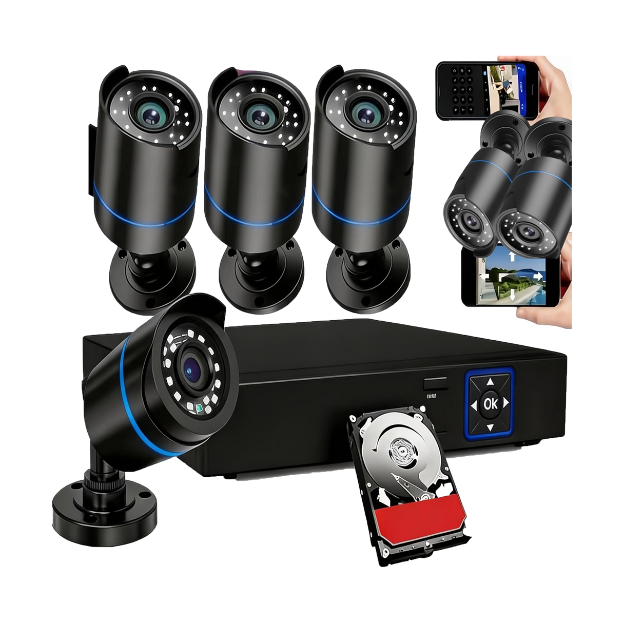 5iktery 4-Channel AHD DVR Kit with 4 Bullet Cameras + 512GB HDD