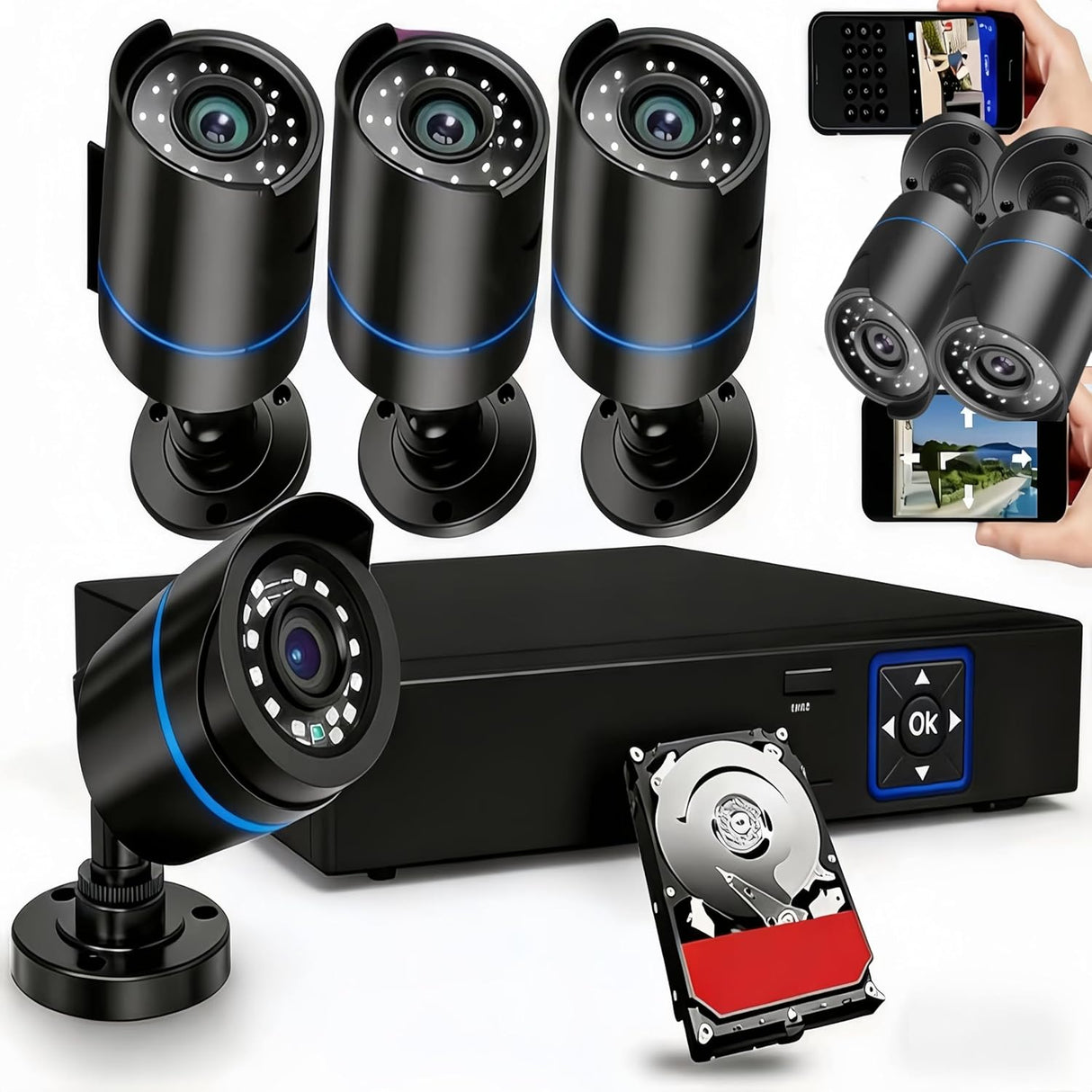 5iktery 4-Channel AHD DVR Kit with 4 Bullet Cameras + 512GB HDD