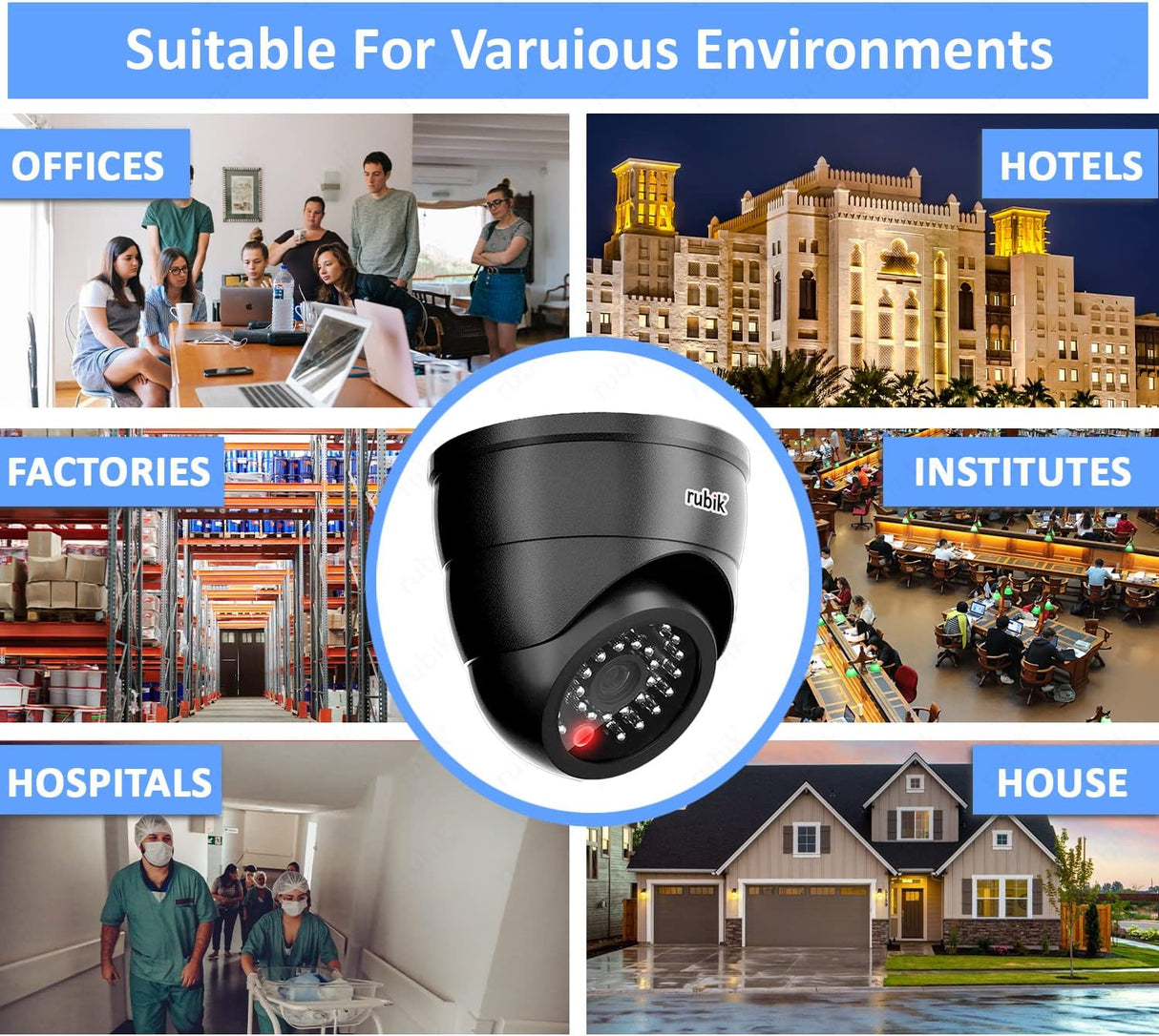 Rubik 4pc Dummy CCTV Camera with Flashing LED Light, Adjustable Fake Surveillance Camera Security Indoor Dome Camera with LED Light (Black)