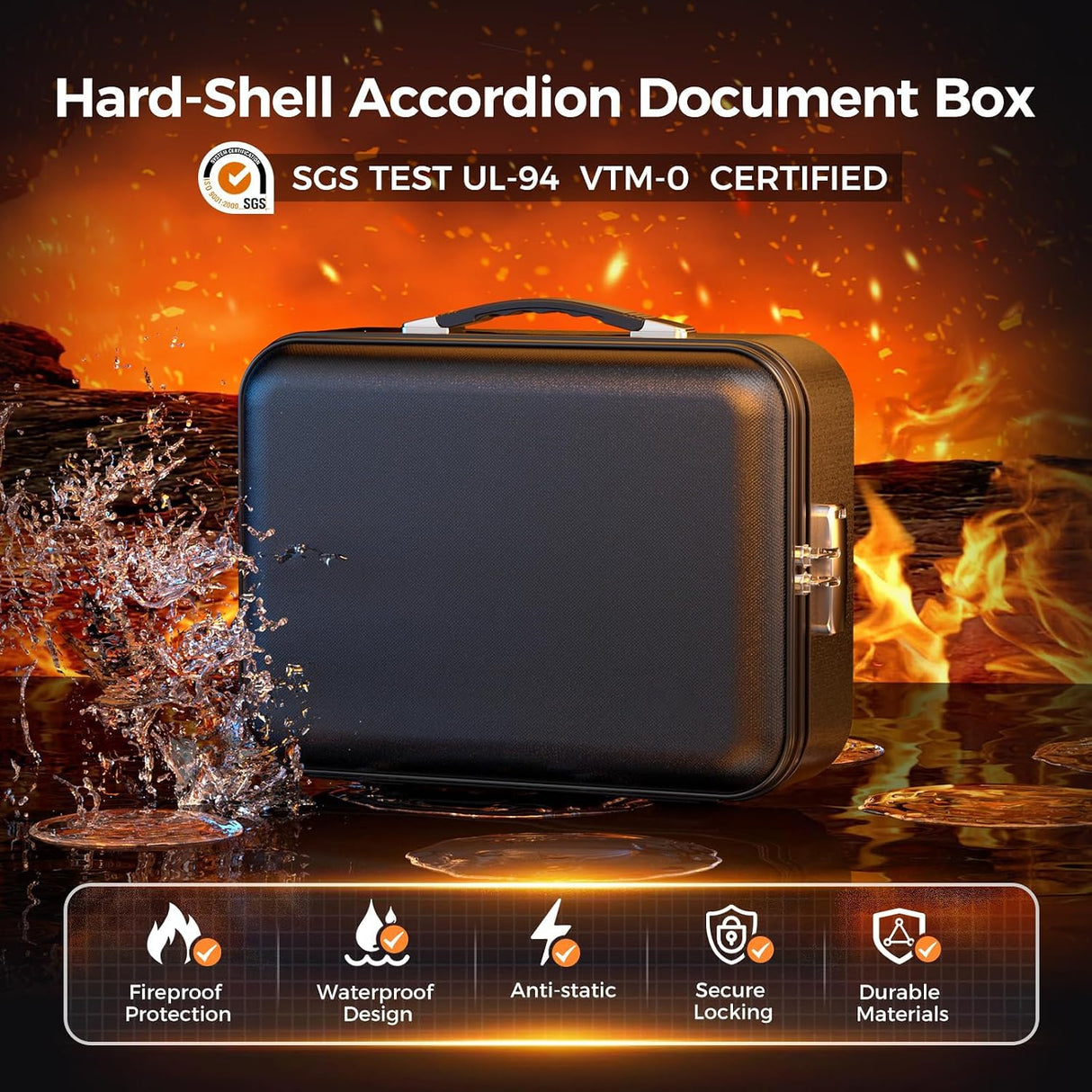 Fireproof Document Box with Lock, Hard Fireproof Waterproof Box Creative Hard-Shell Design Fireproof Safe Box Document Organizer for Important Documents Certificates Laptop Passports (Black)