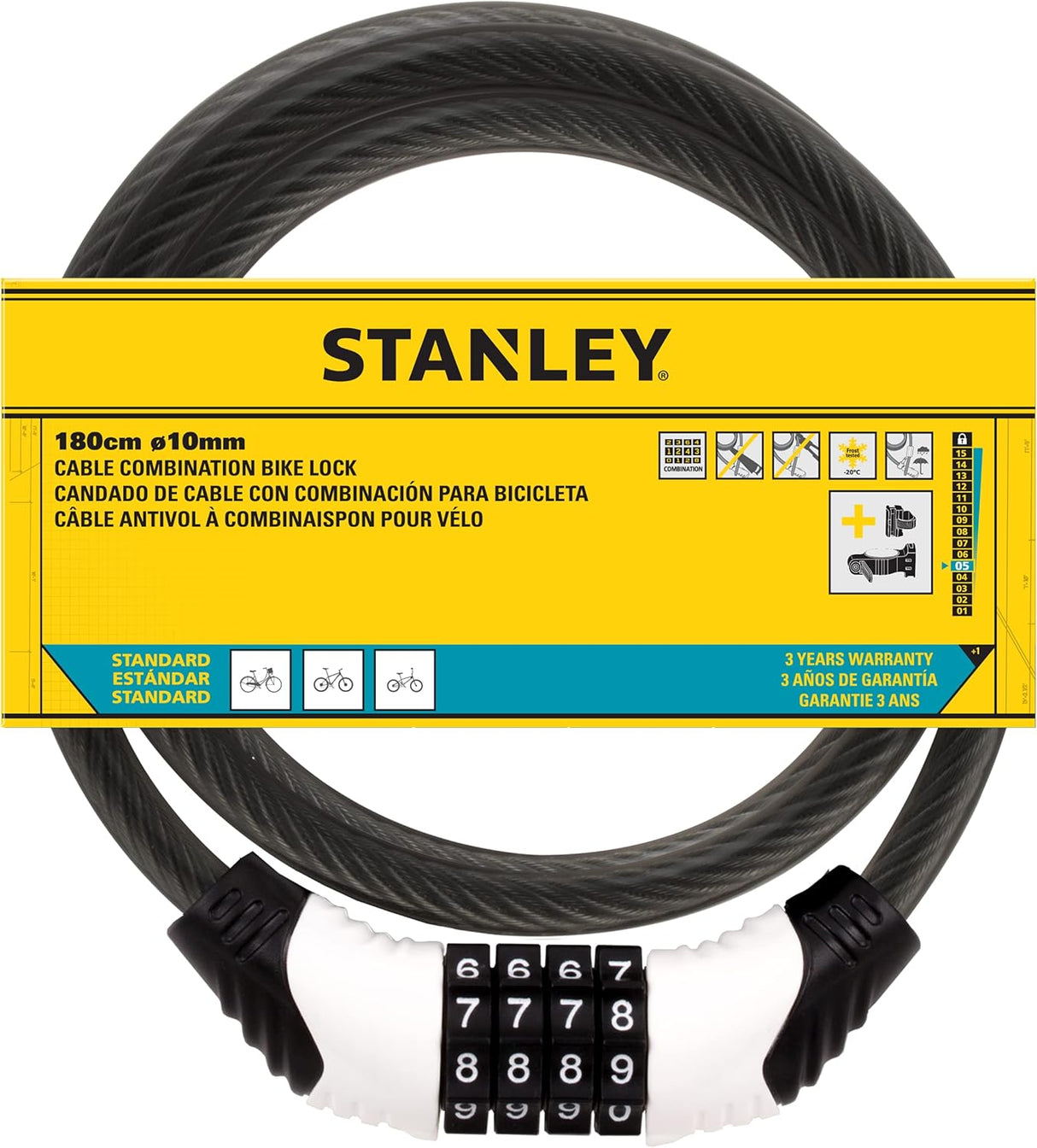 Stanley Bicycle Combination Lock 10 mm x 1800 mm 4 Digit S741, 1 Piece, 81322385111