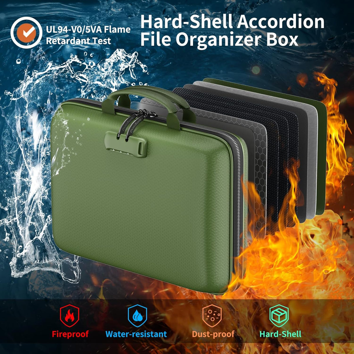 DocSafe Fireproof File Organizer with Lock, Green, 15.55 x 3 x 11.5 inches, Hard-Shell Fireproof File Organizer