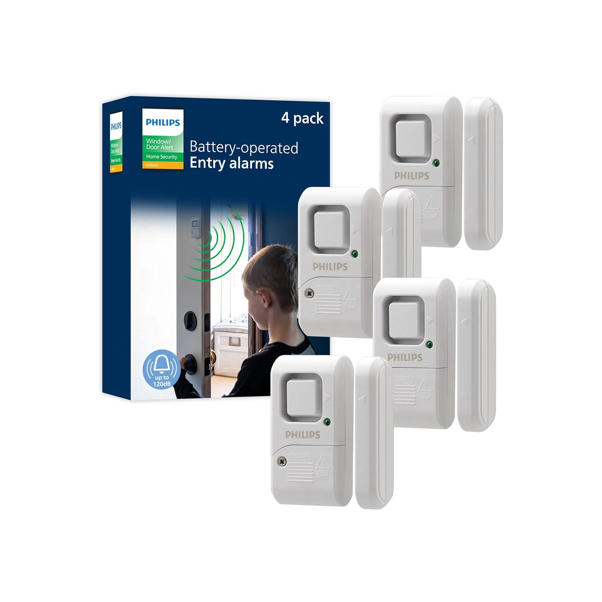 Philips Personal Security Window and Door Alarm, 4 Pack, DIY Protection, Burglar Alert, Wireless, Chime/Alarm, Easy Installation, Ideal for Home, Garage, Apartment, RV and More, LRM3320W/27