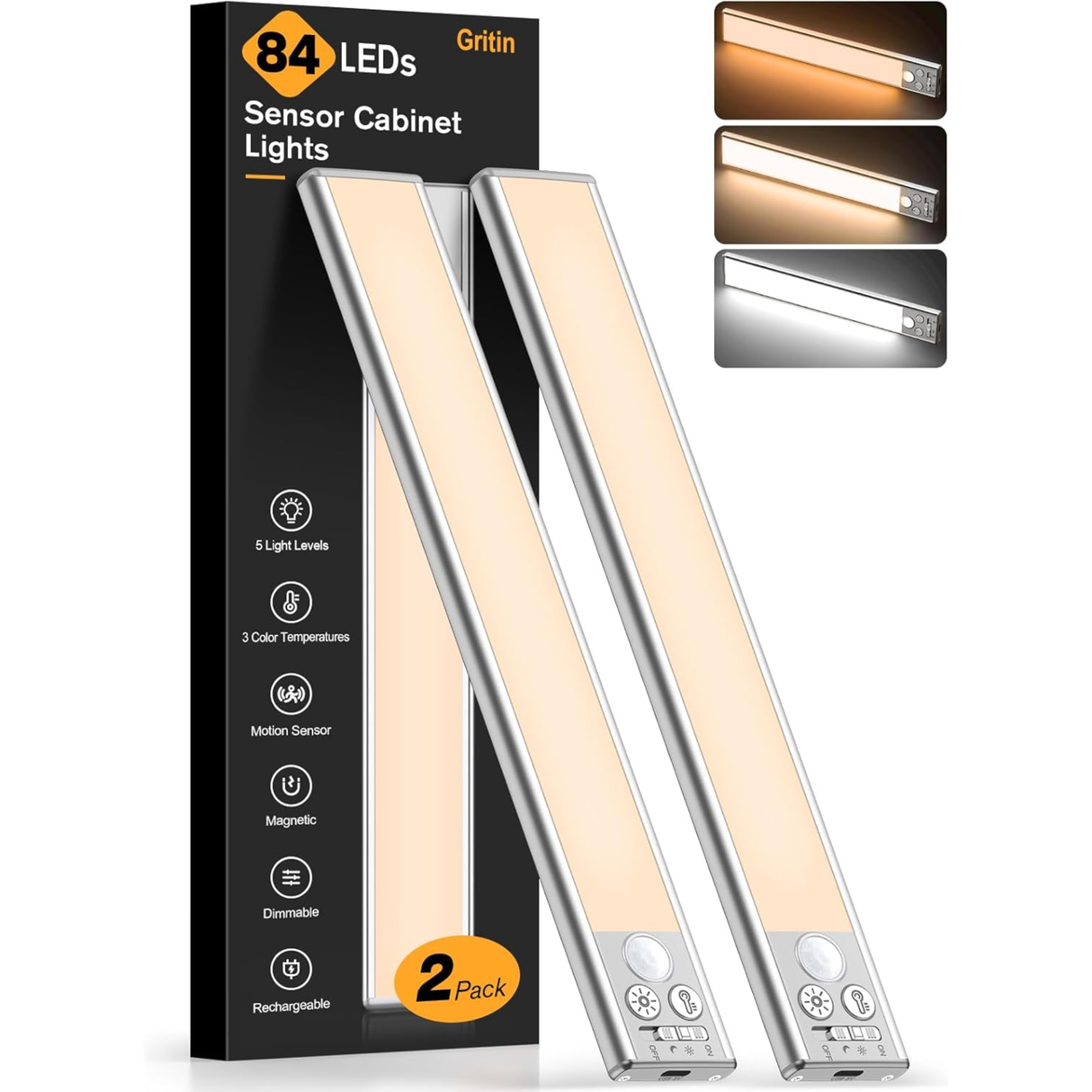 Gritin Under Cabinet Kitchen Lights Rechargeable 2 Pack-3 Color Temps | 5 Level Brightness, Super Bright,4 Modes,Motion Sensor