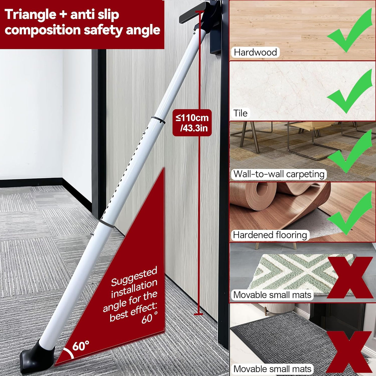 AceMining Upgraded Door Security Bar & Sliding Patio Bar, Heavy Duty Stoppers Adjustable Jammer, Apartment, Travel (1 Pack,White)