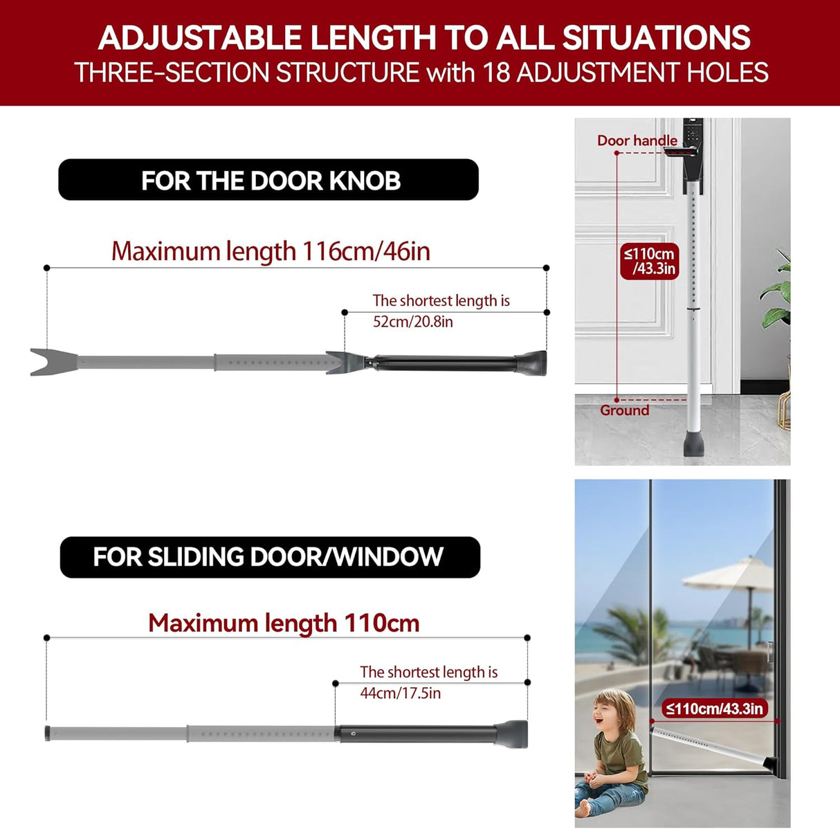 AceMining Upgraded Door Security Bar & Sliding Patio Bar, Heavy Duty Stoppers Adjustable Jammer, Apartment, Travel (1 Pack,White)