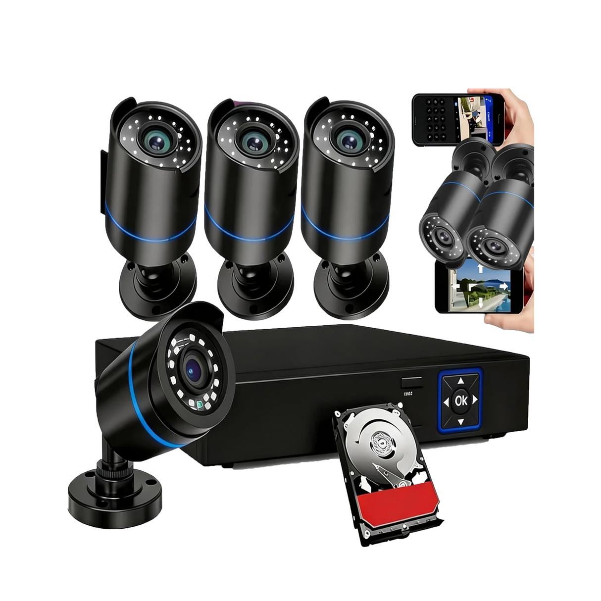 5iktery 4-Channel AHD DVR Kit with 4 Bullet Cameras + 512GB HDD