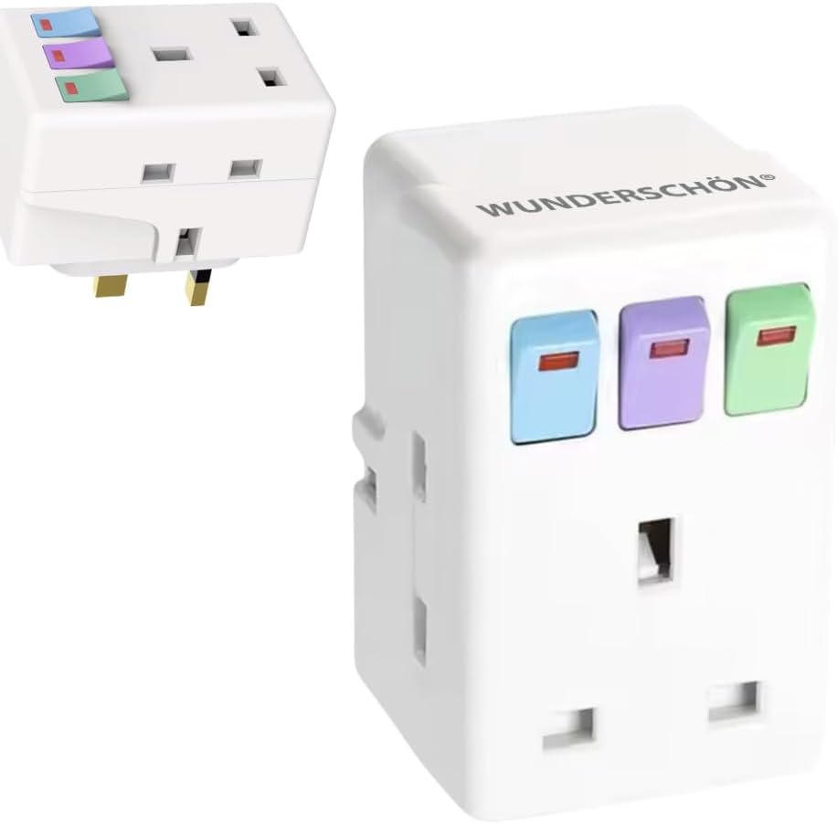 WUNEDRSCHÖN |Travel Adapter UK Plug and Sockets, 3 Sockets With individual Safety Switches Suitable For Charging Electronics Laptop Mobile and Appliances (UK - 3 Switches, 3 Sockets)