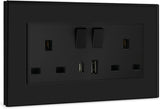BSEED Double Switched Wall Socket 2 Gang Black with USB C & USB A Charging Ports, 13A Wall Electric Power Socket with Glass Panel