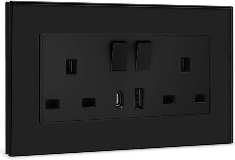 BSEED Double Switched Wall Socket 2 Gang Black with USB C & USB A Charging Ports, 13A Wall Electric Power Socket with Glass Panel