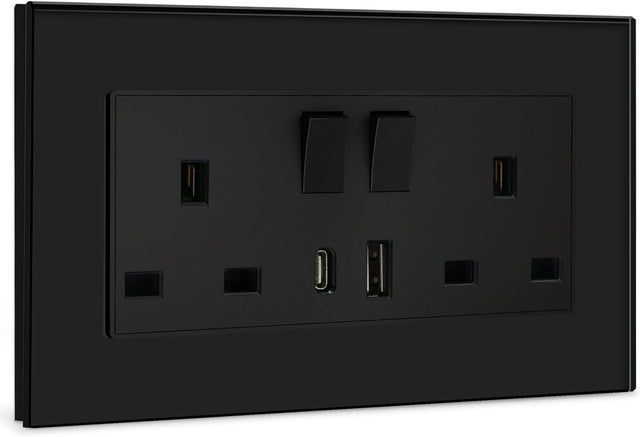 BSEED Double Switched Wall Socket 2 Gang Black with USB C & USB A Charging Ports, 13A Wall Electric Power Socket with Glass Panel