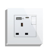 BSEED Double Switched Wall Socket 2 Gang Black with USB C & USB A Charging Ports, 13A Wall Electric Power Socket with Glass Panel