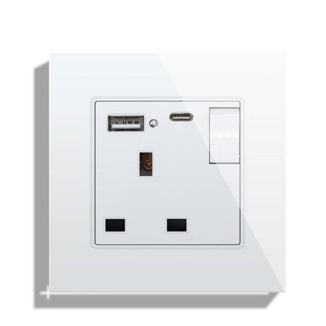 BSEED Double Switched Wall Socket 2 Gang Black with USB C & USB A Charging Ports, 13A Wall Electric Power Socket with Glass Panel