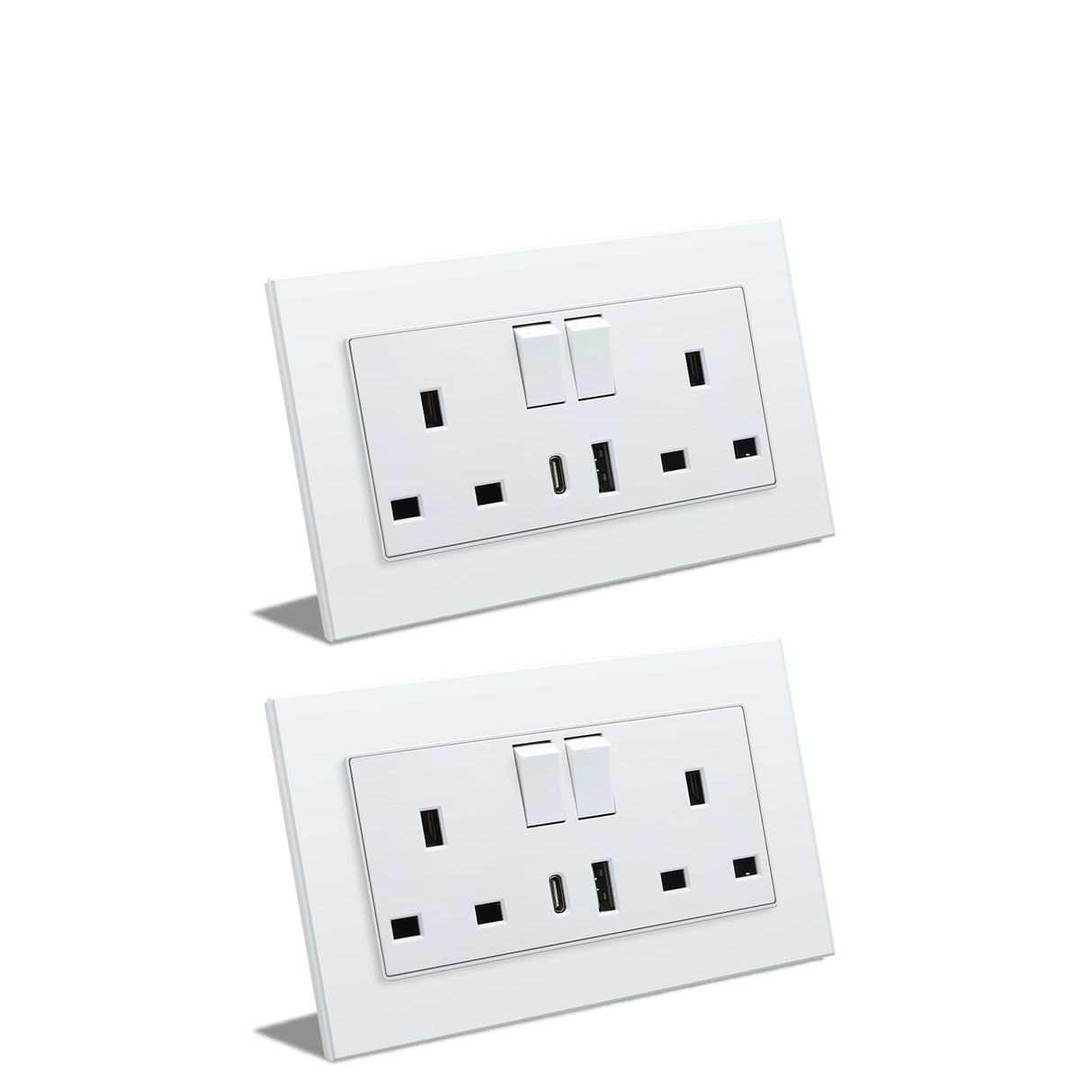 BSEED Double Switched Wall Socket 2 Gang Black with USB C & USB A Charging Ports, 13A Wall Electric Power Socket with Glass Panel