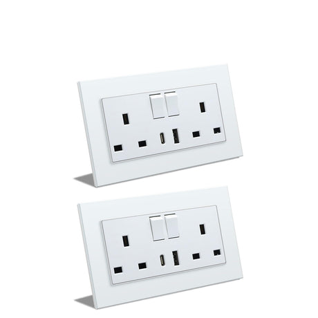 BSEED Double Switched Wall Socket 2 Gang Black with USB C & USB A Charging Ports, 13A Wall Electric Power Socket with Glass Panel